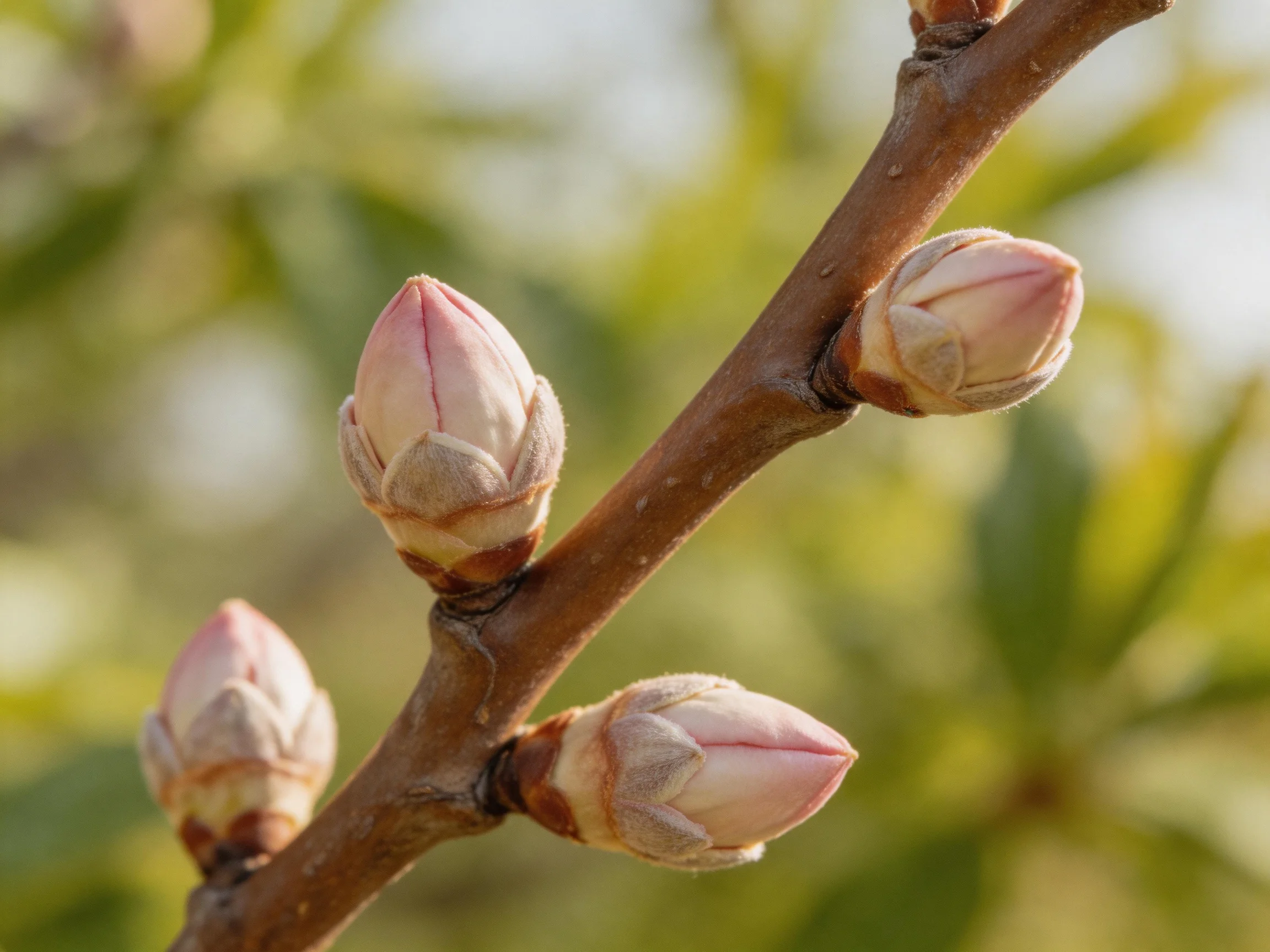 Four pale pink flower buds on a brown tree branch with green foliage