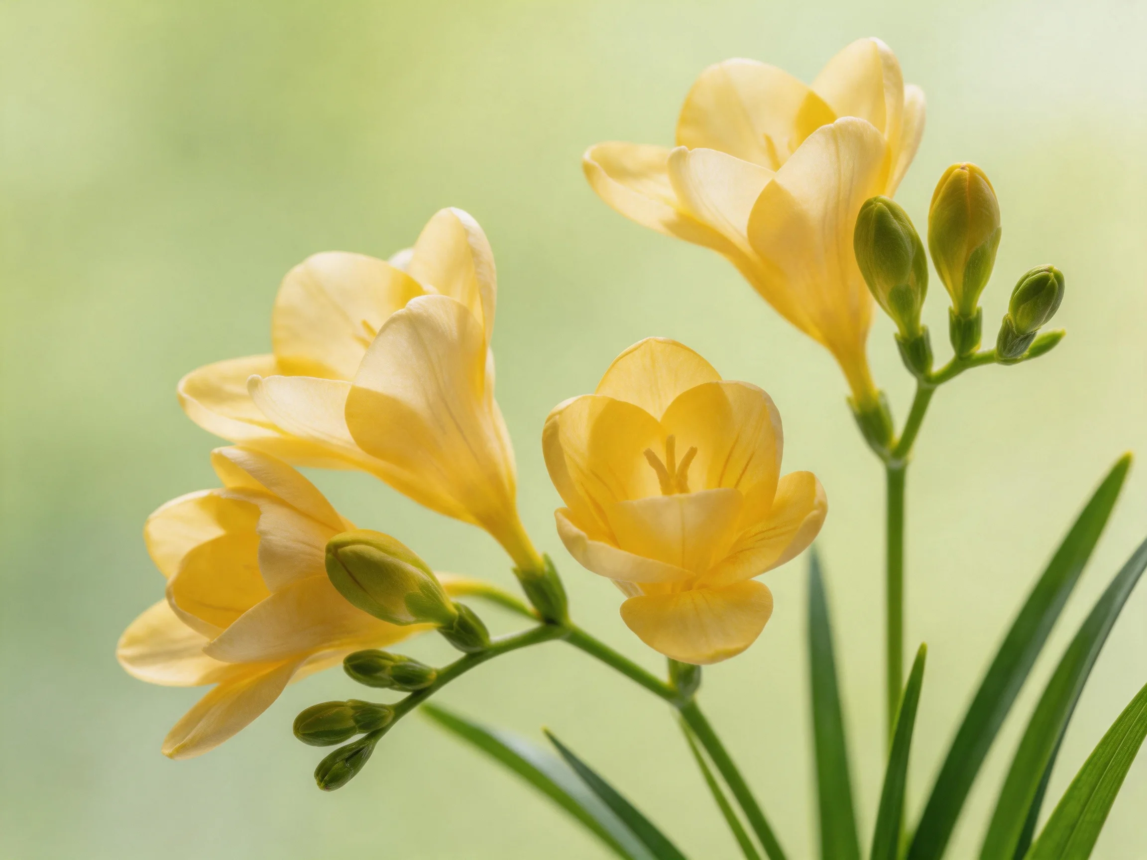 Four pale yellow freesia blooms with green buds and stems