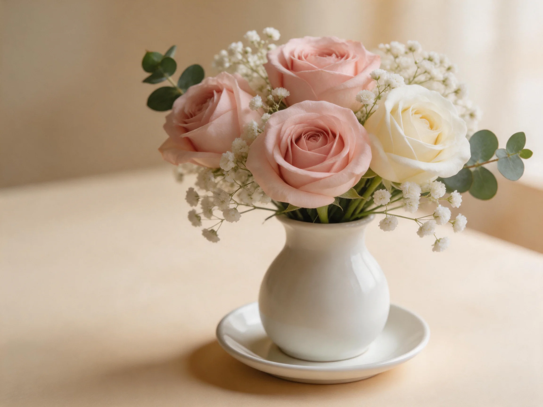 Four pink and one white roses with baby’s breath in a small white vase