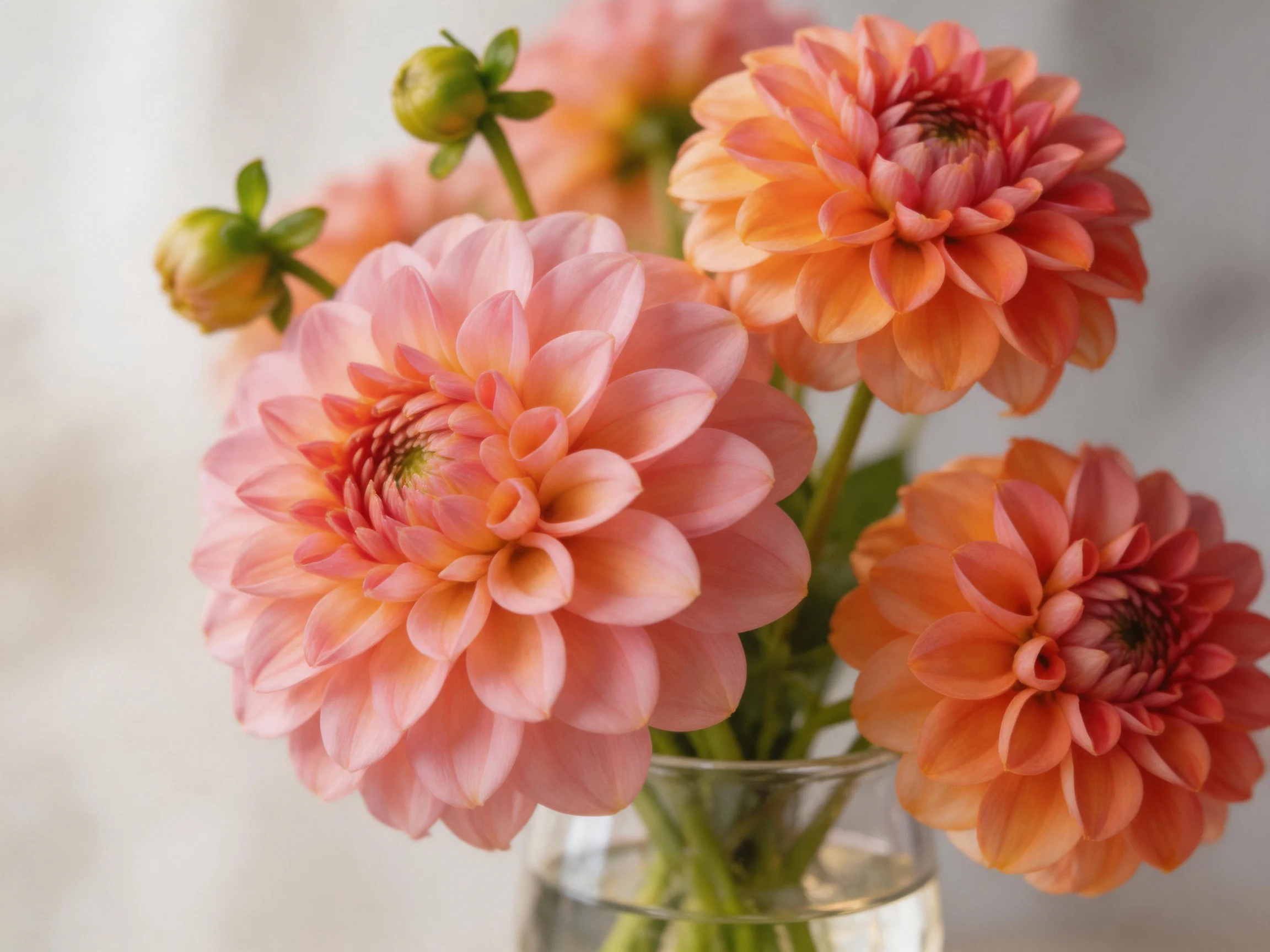 Four pink and orange dahlias arranged in a glass vase
