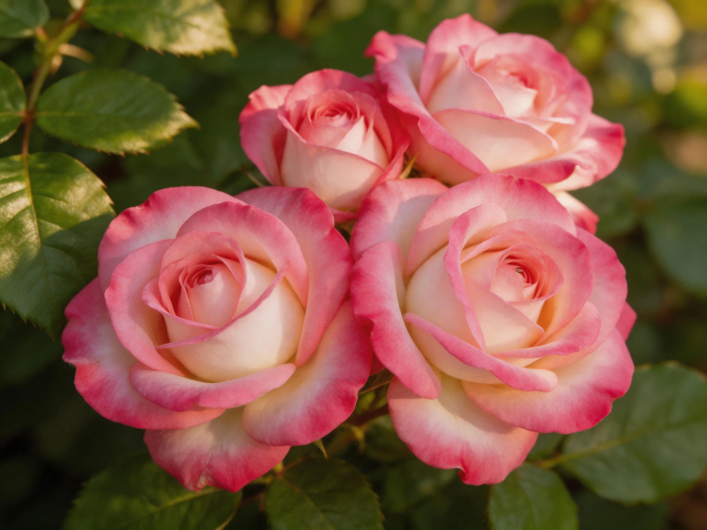 Four pink and white roses cluster amid lush green foliage