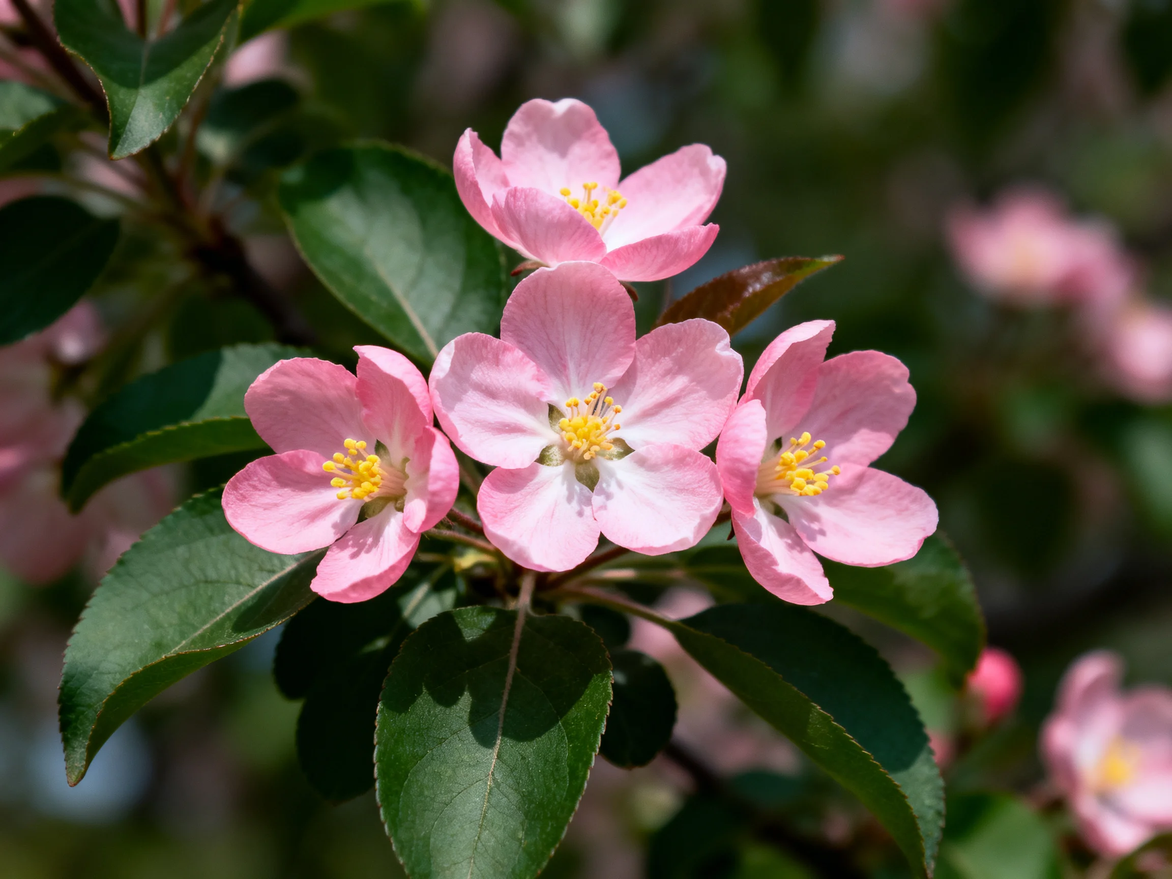 Four pink blossoms with yellow stamens nestled among glossy green leaves