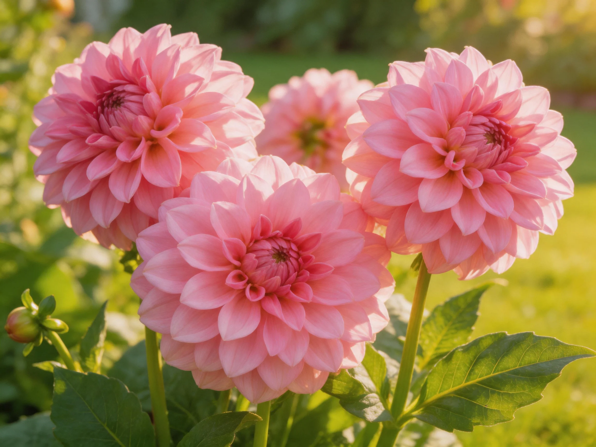 Four pink dahlia blooms in a sunlit garden