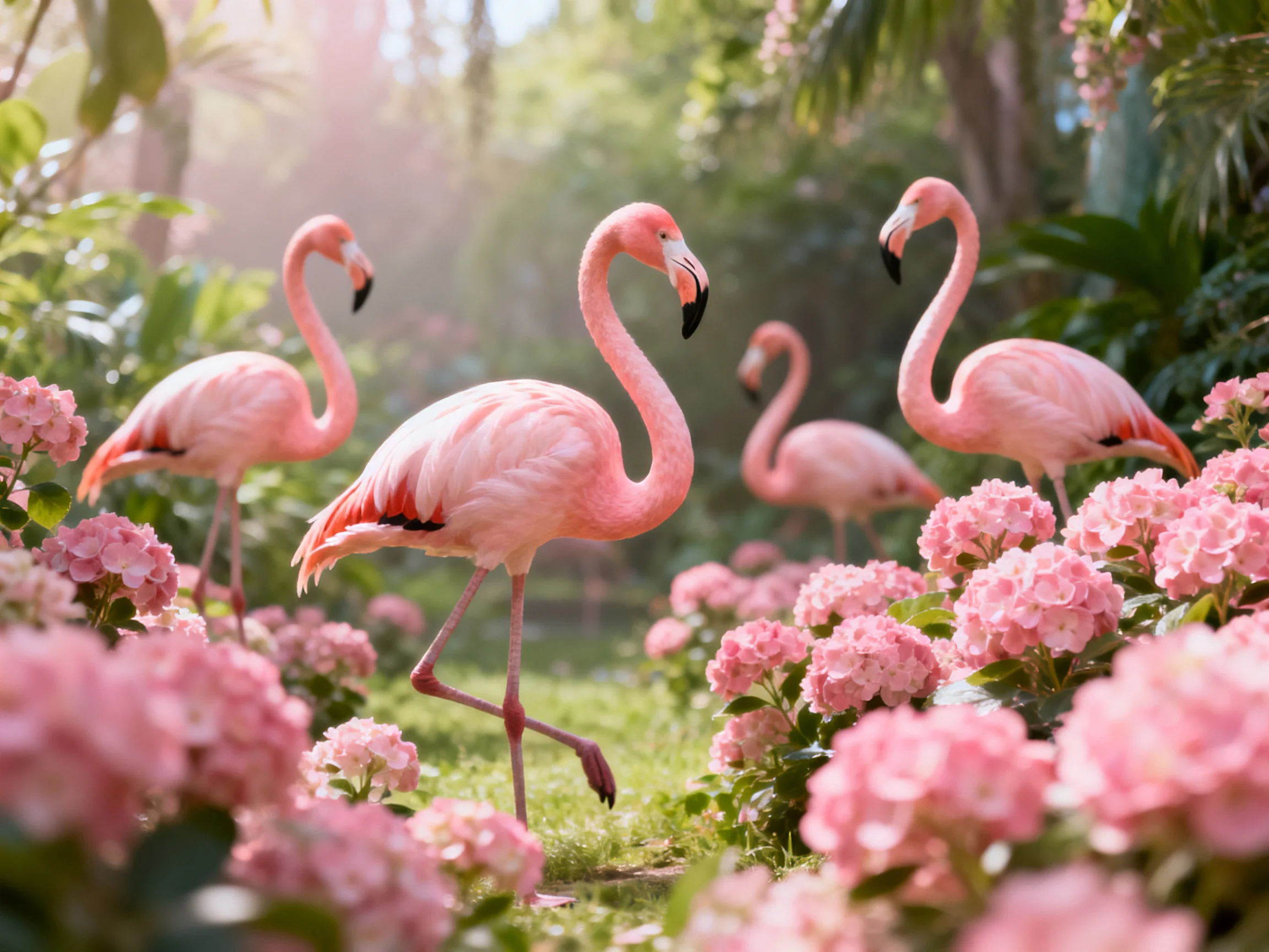 Four pink flamingos amid pink hydrangeas in a green garden
