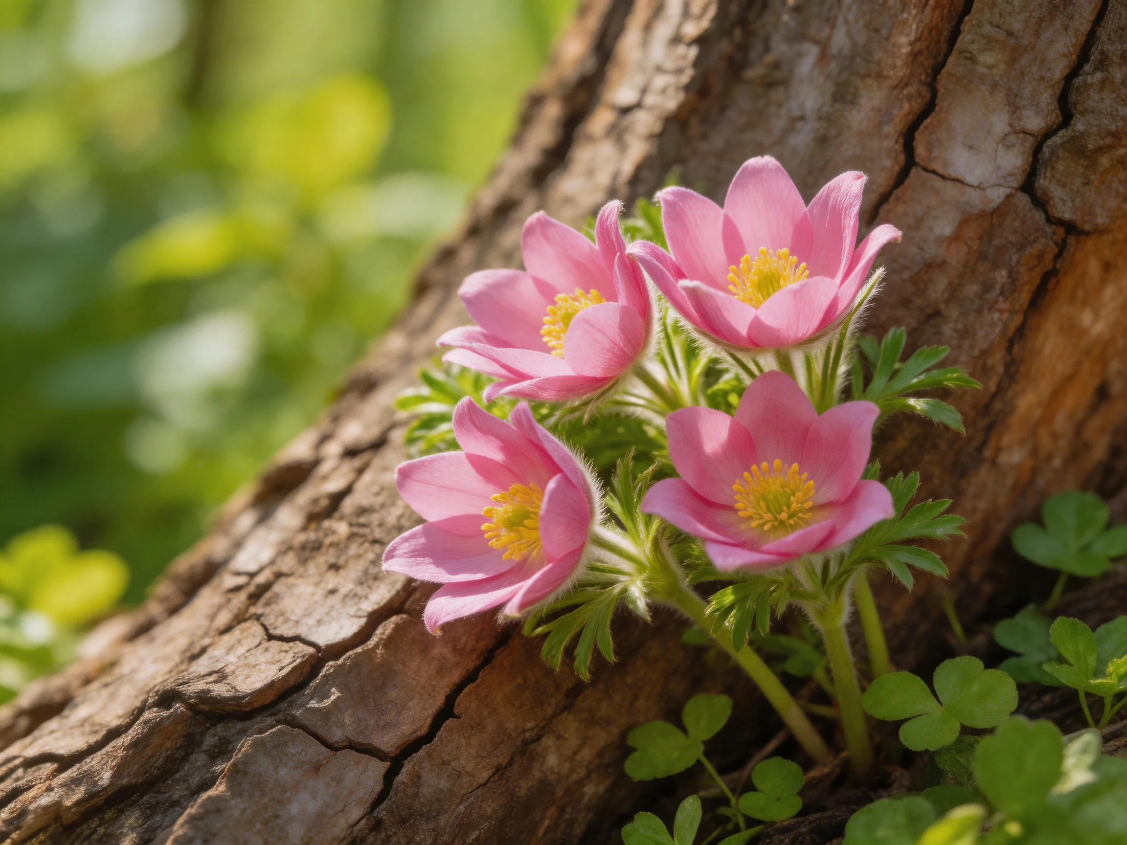 Four pink flowers bloom beside a cracked tree trunk