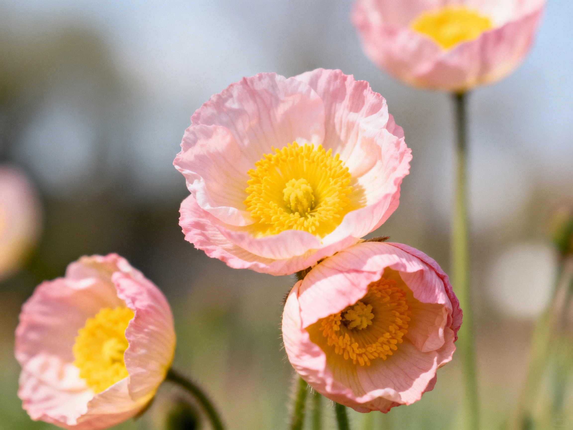 Four pink poppies with yellow centers bloom outdoors