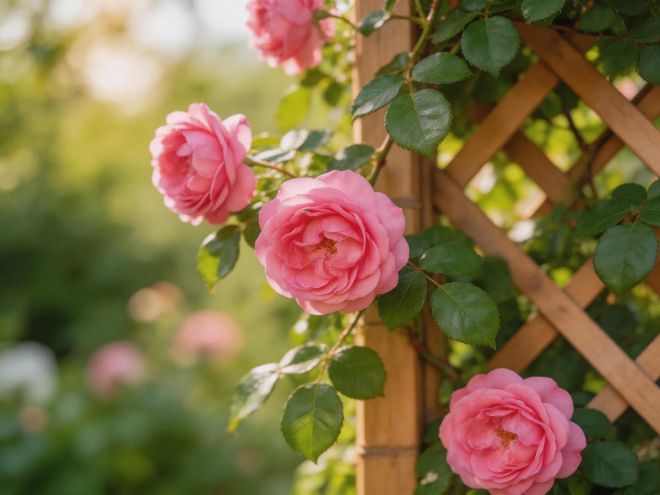 Four pink roses bloom against a wooden lattice fence in a sunlit garden