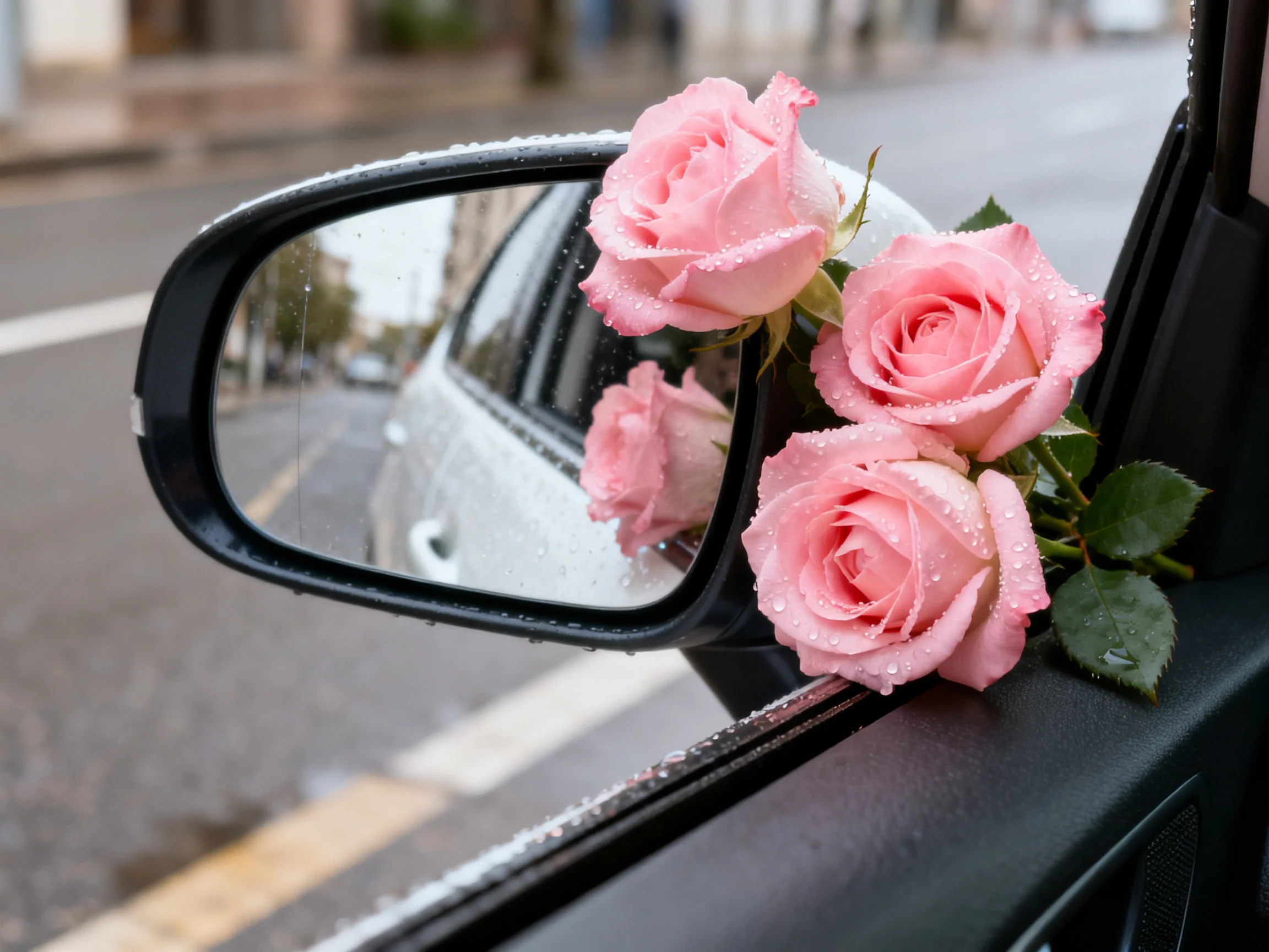 Four pink roses near a car’s side mirror with water droplets