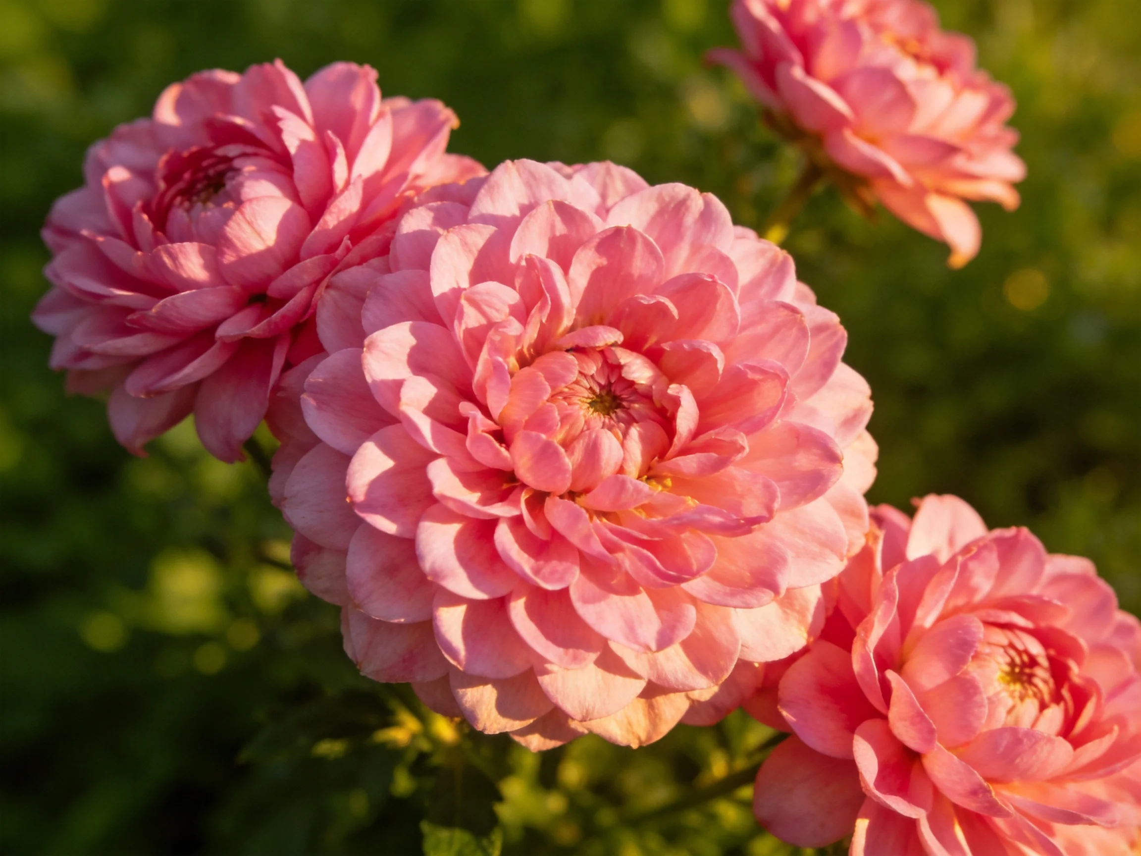 Four pink roses with layered petals bloom in sunlight