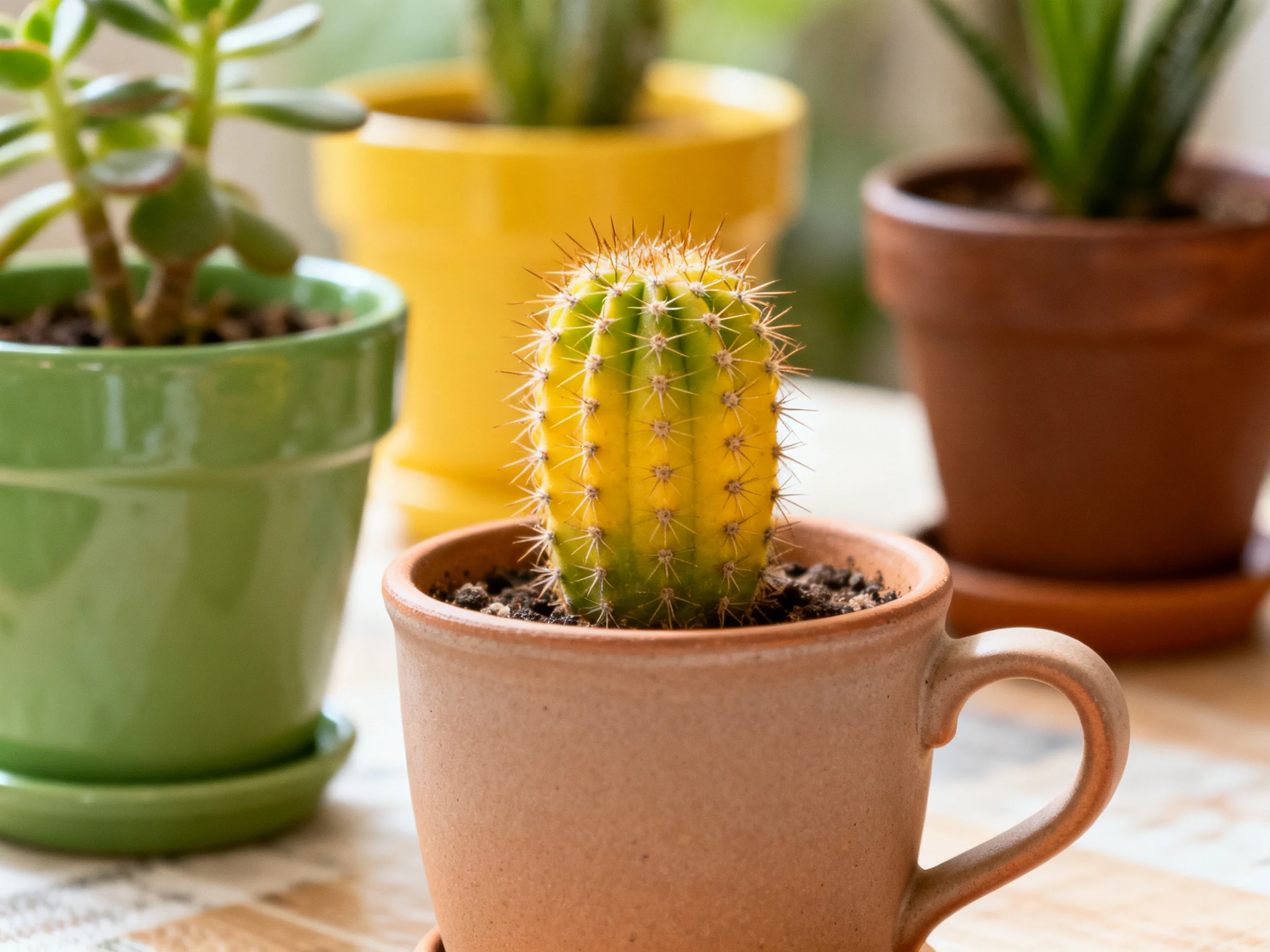 Four potted plants in colorful containers, one cactus in a mug