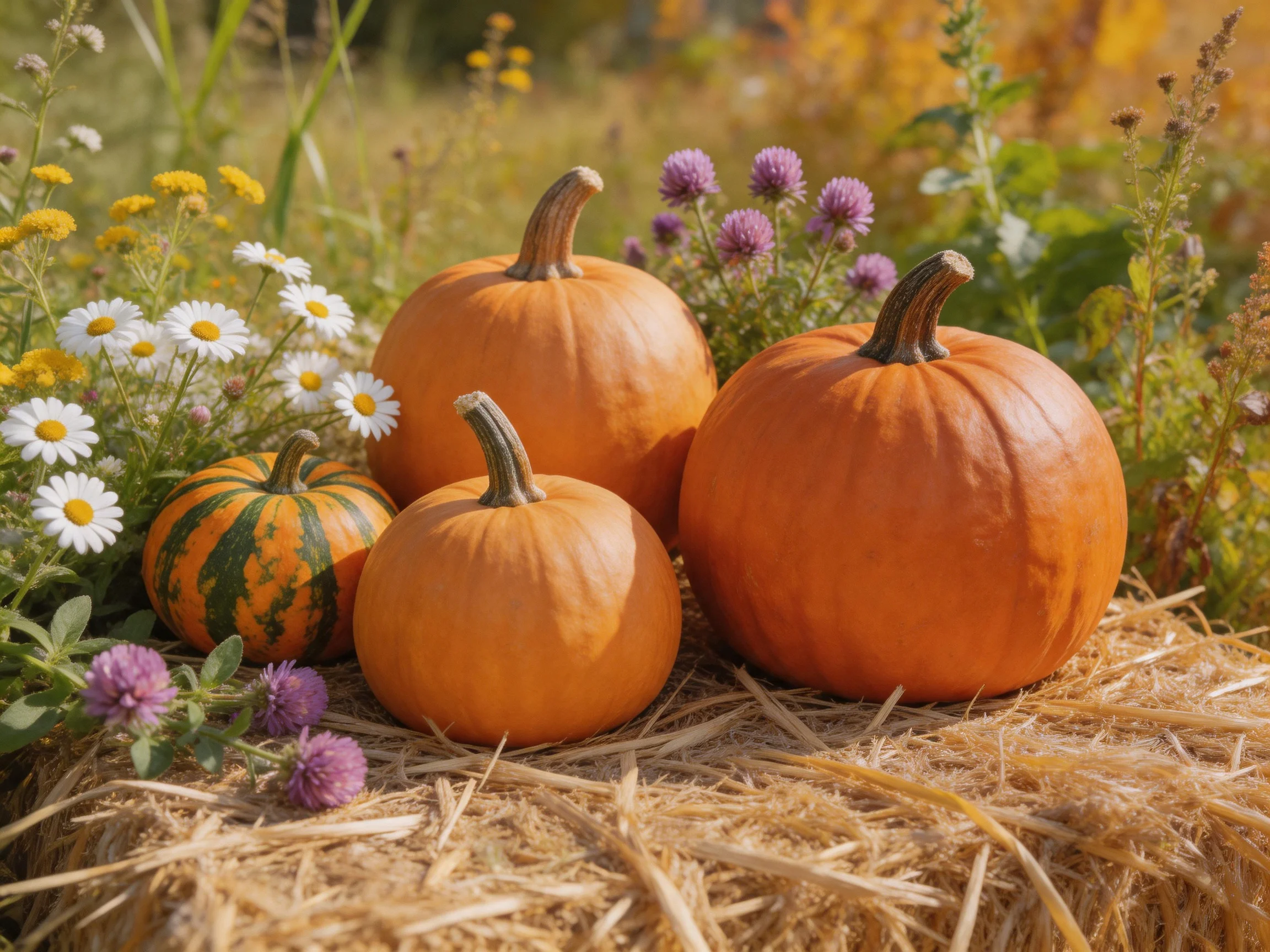 Four pumpkins of varying sizes rest on a straw bale amid colorful wildflowers