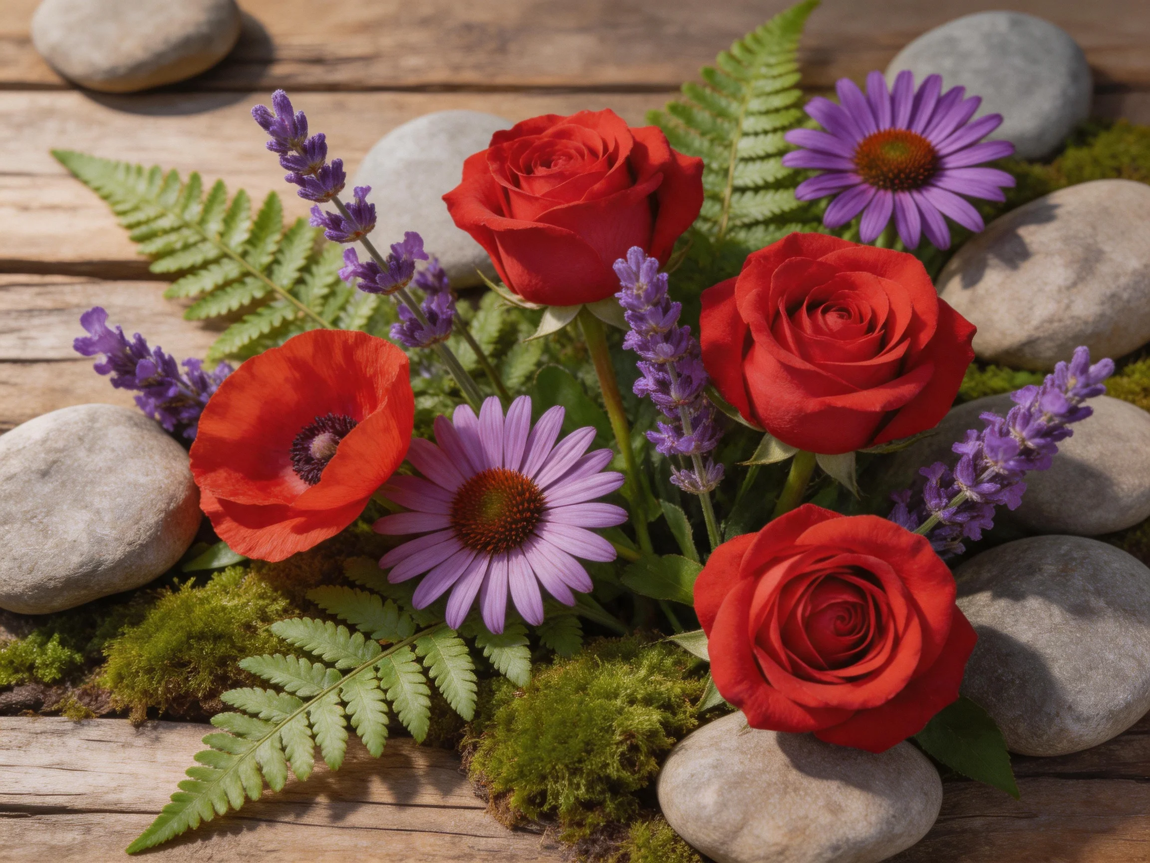Four red roses, purple flowers, and greenery arranged among smooth stones