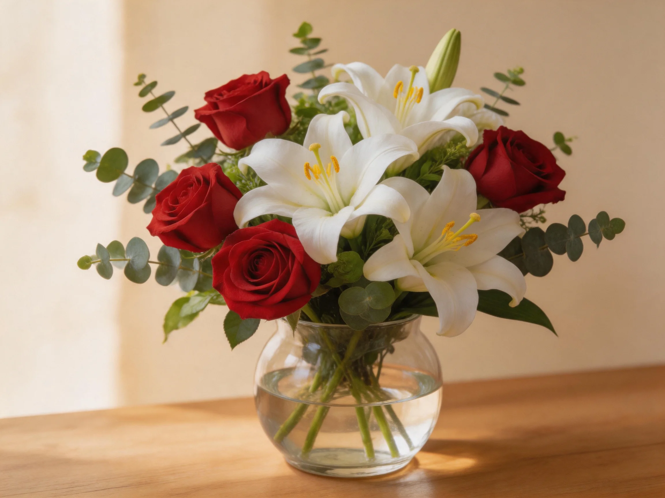 Four red roses, three white lilies, and eucalyptus in a glass vase