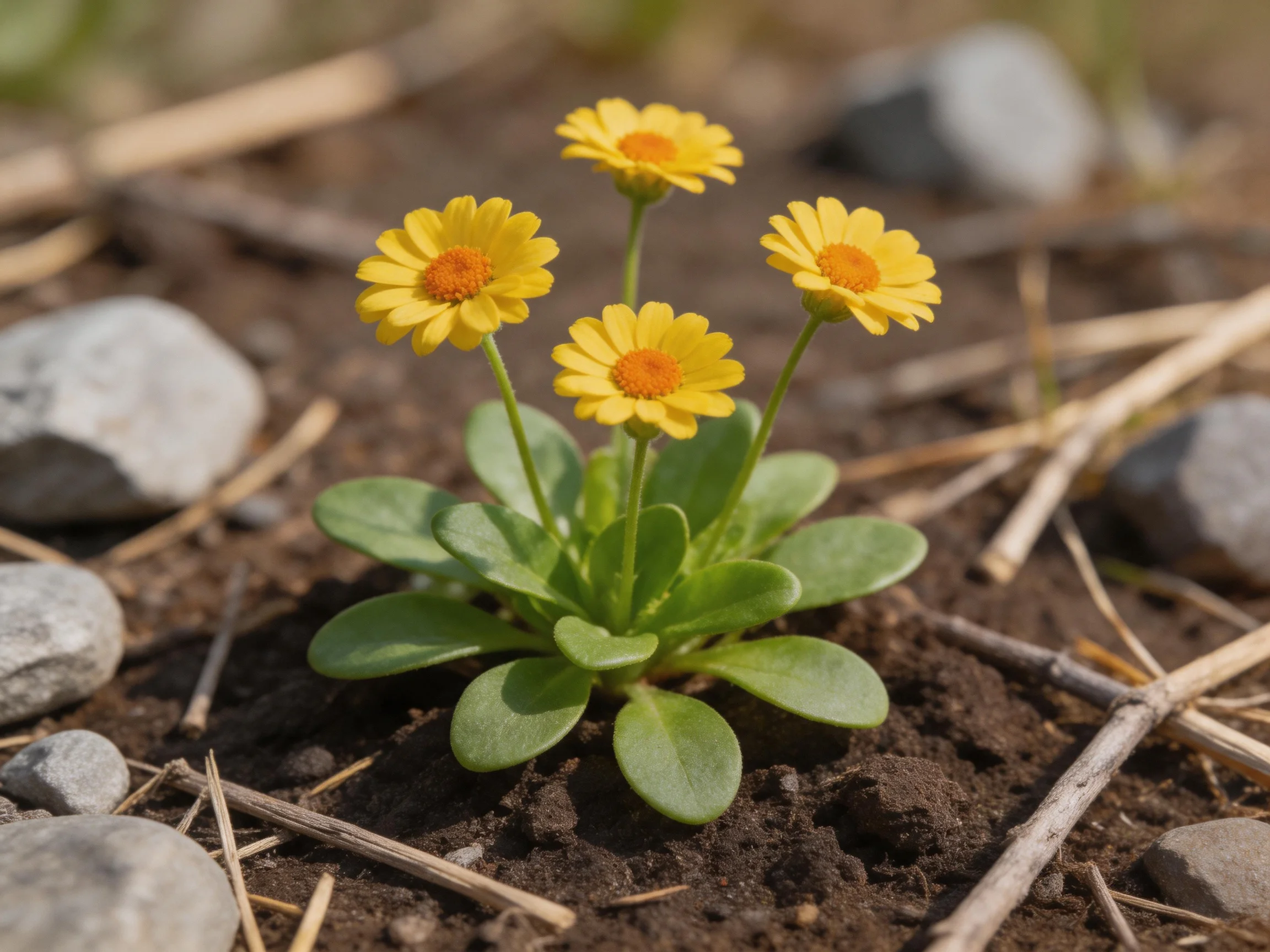 Four small yellow daisies with orange centers grow near rocks and soil