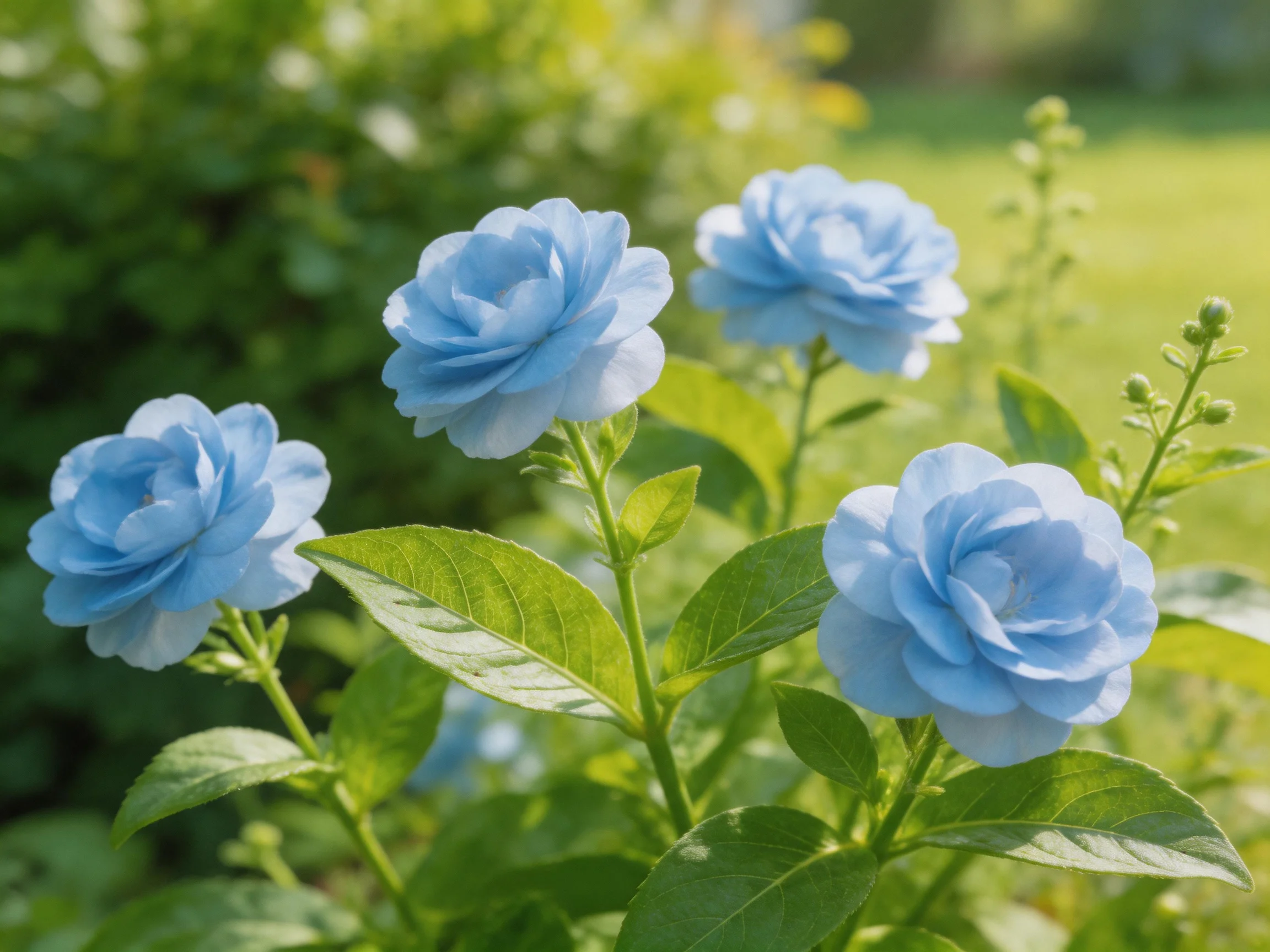 Four soft blue flowers bloom amid lush greenery in a sunlit garden