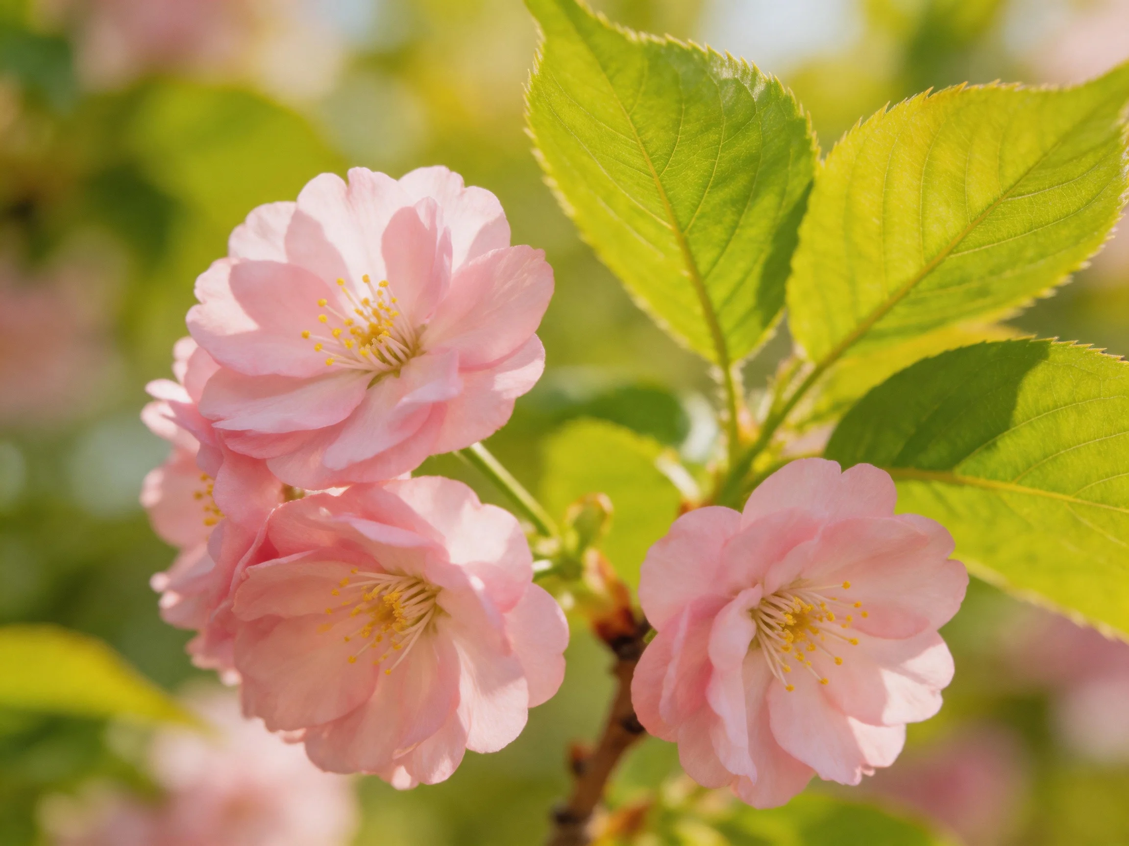 Four soft pink cherry blossoms bloom beside vibrant green leaves
