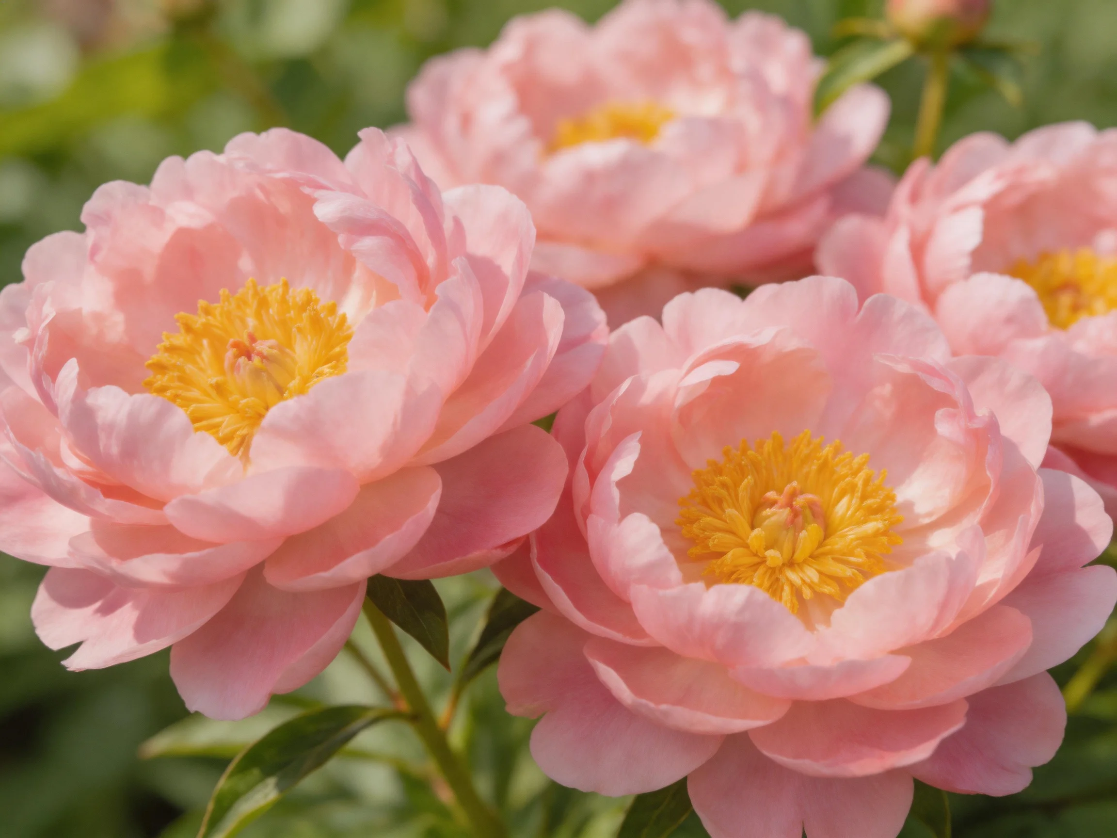 Four soft pink peonies with bright yellow centers bloom in a garden.