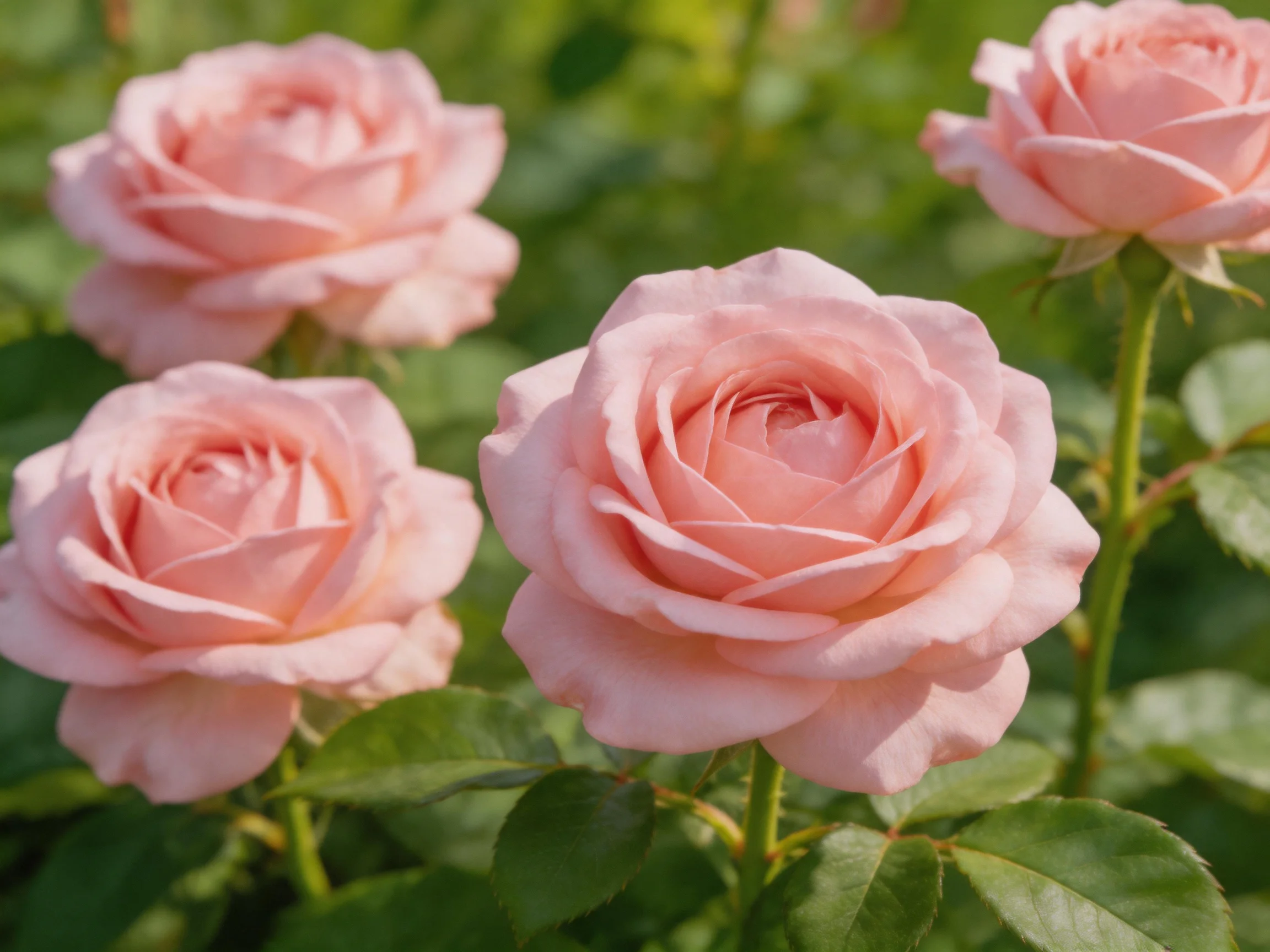Four soft pink roses bloom amidst lush green foliage