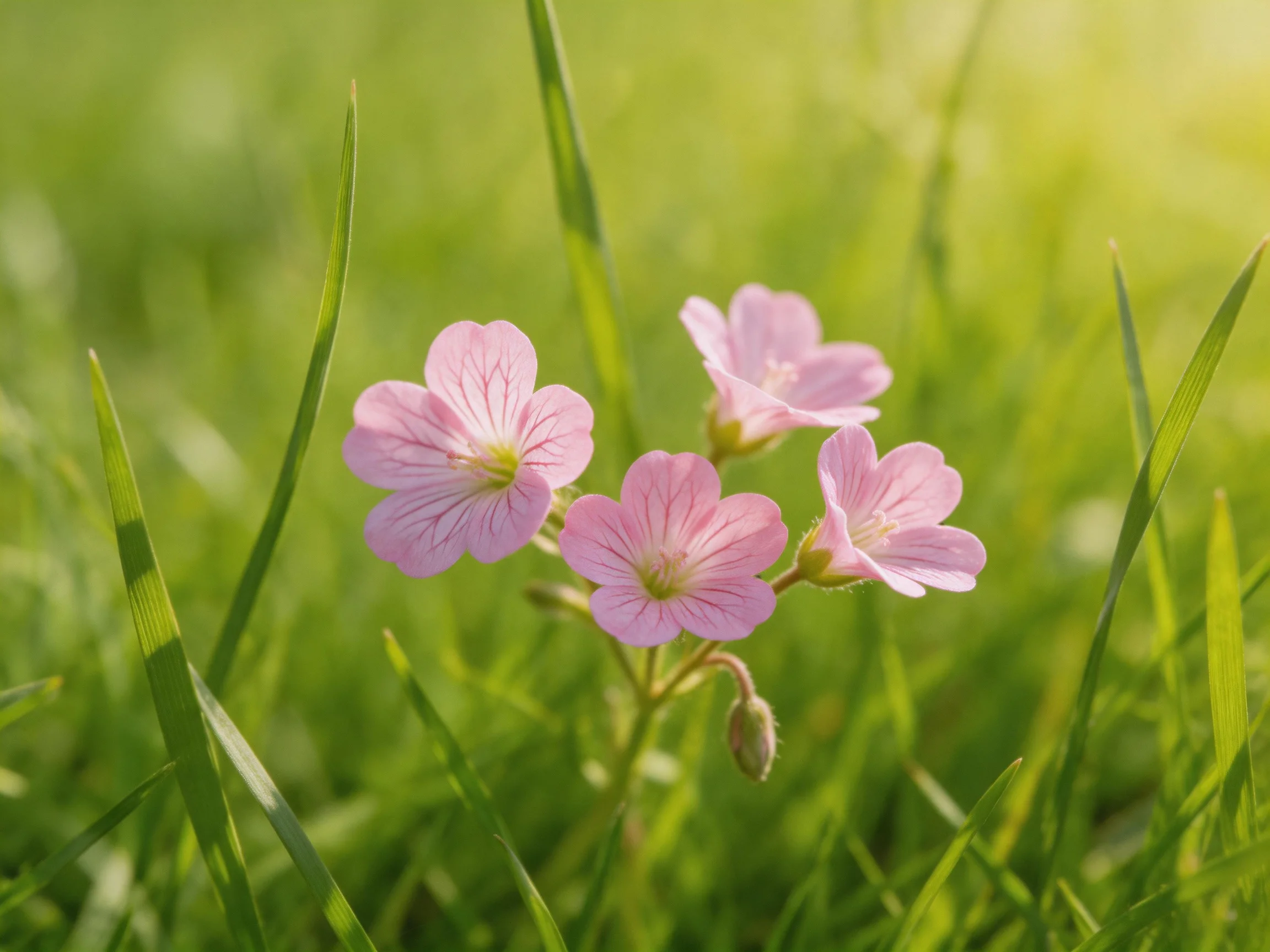Four soft pink wildflowers bloom among lush green grass blades