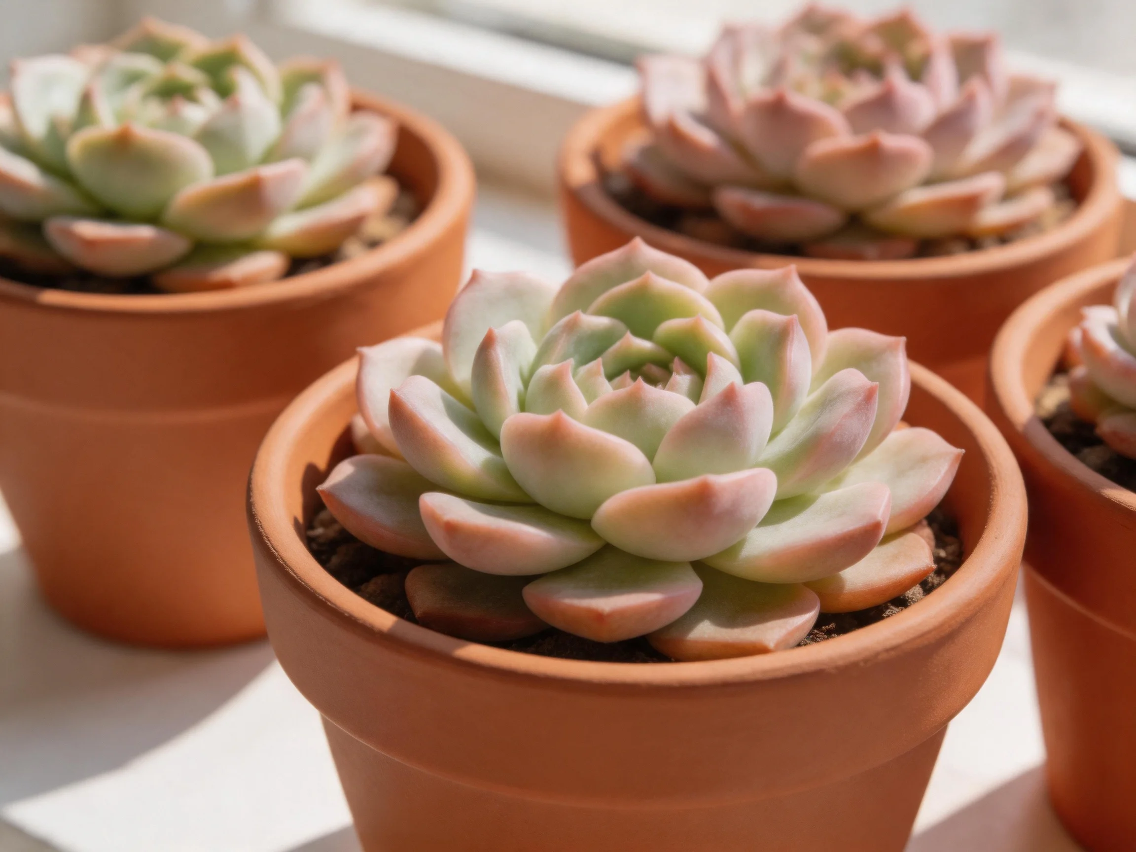Four succulent plants in terracotta pots by a sunlit window