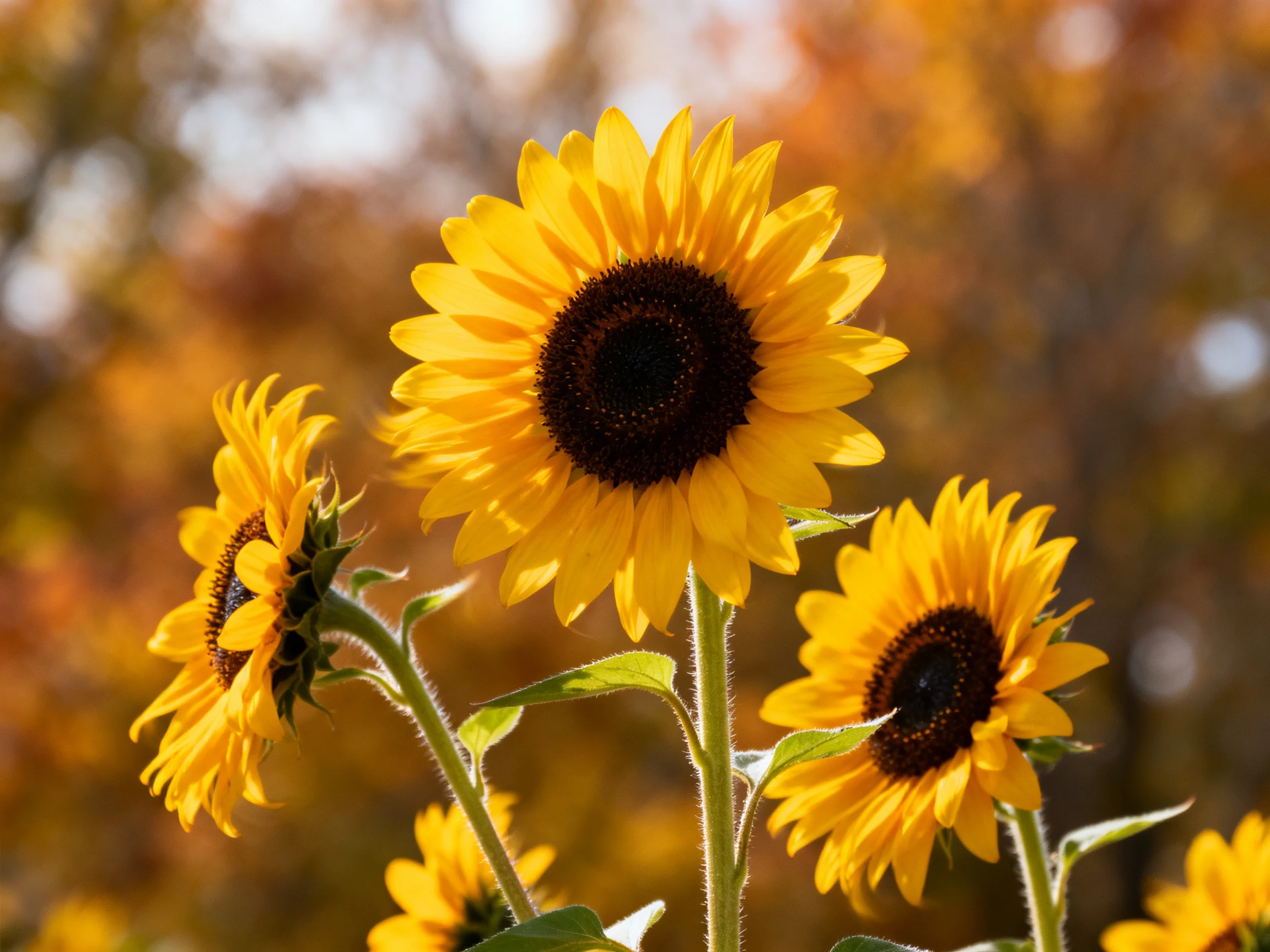 Four sunflowers with golden petals and dark centers amidst autumn trees