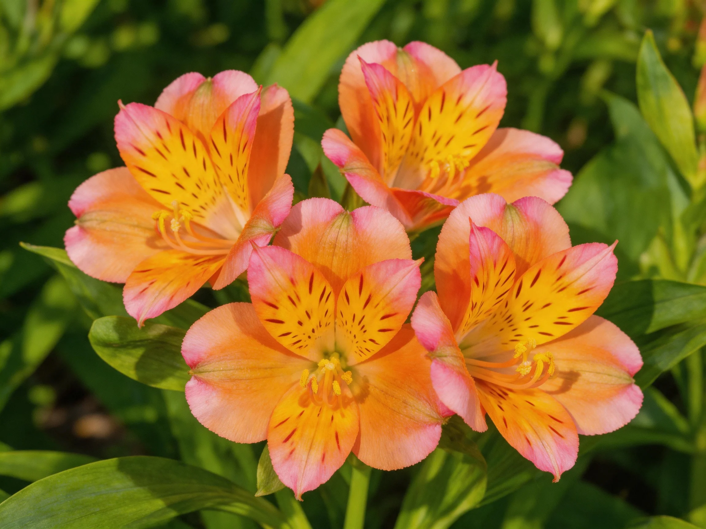 Four vibrant alstroemeria blooms with pink-orange petals and yellow centers