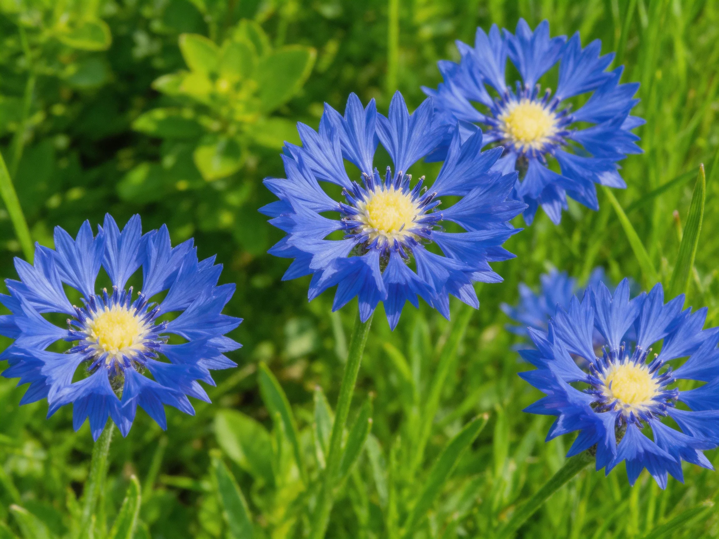 Four vibrant blue cornflowers bloom among lush greenery