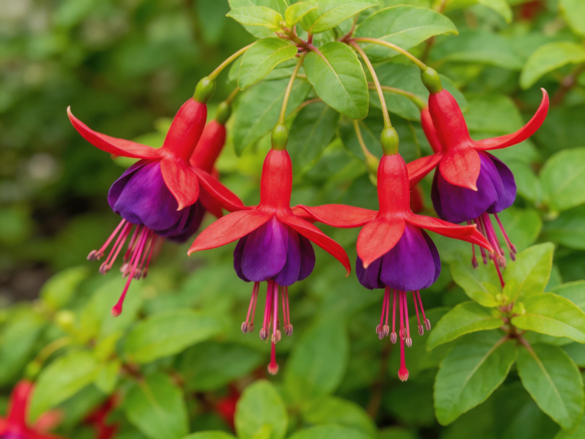 Four vibrant fuchsia flowers with red and purple petals hang among green foliage