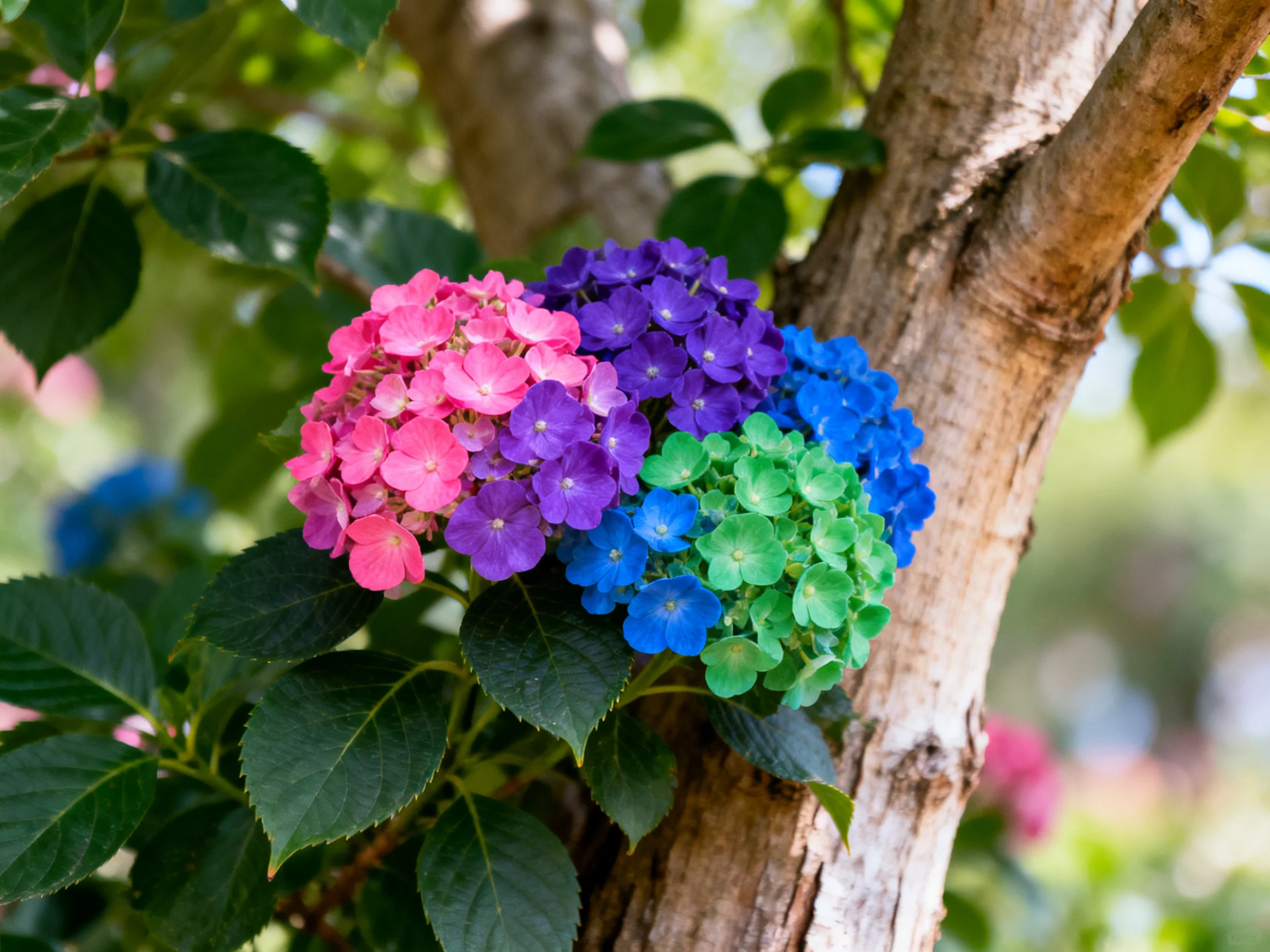 Four vibrant hydrangea blooms clustered around a tree trunk
