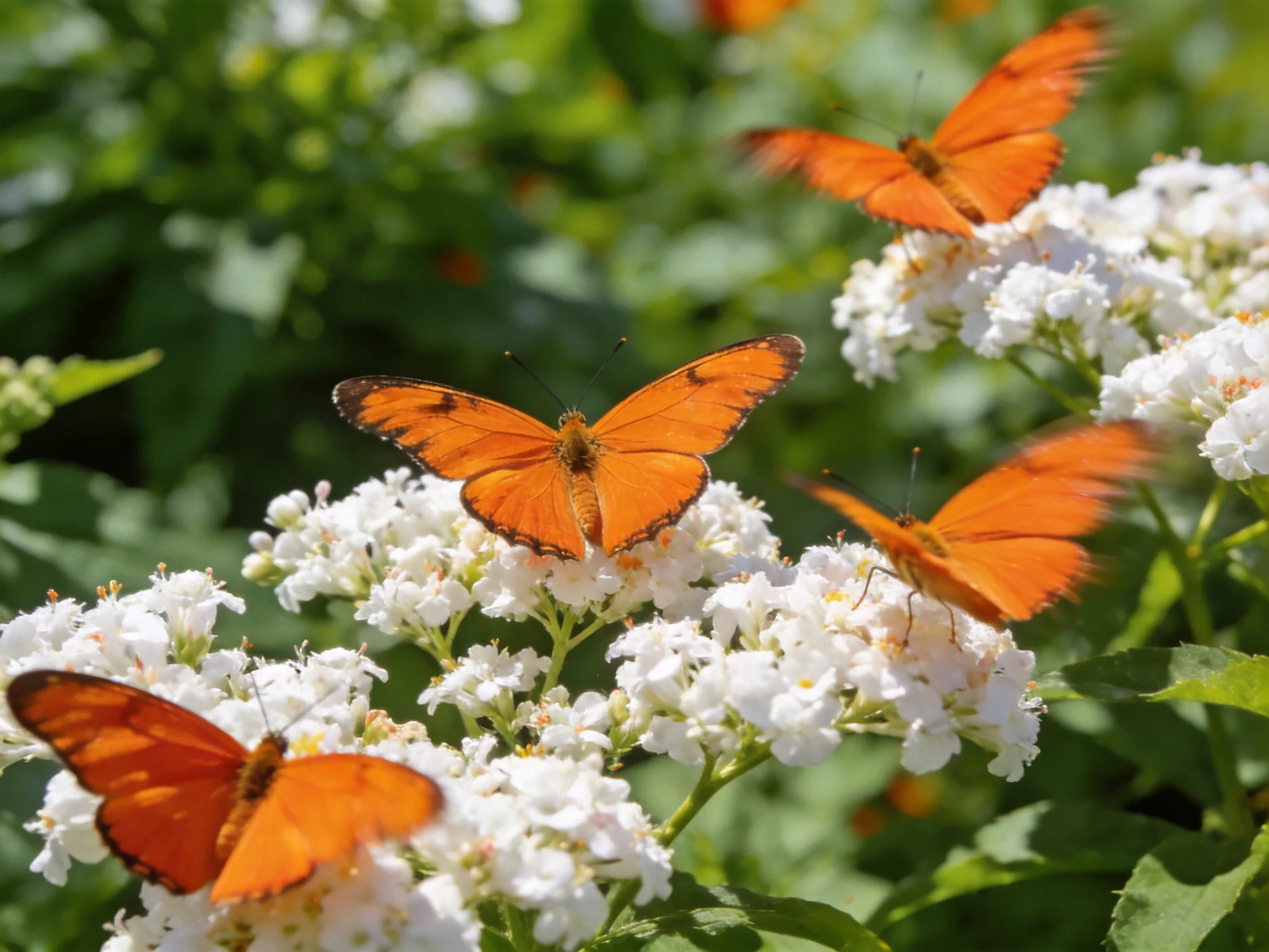 Four vibrant orange butterflies gather among white blooms in a lush green setting