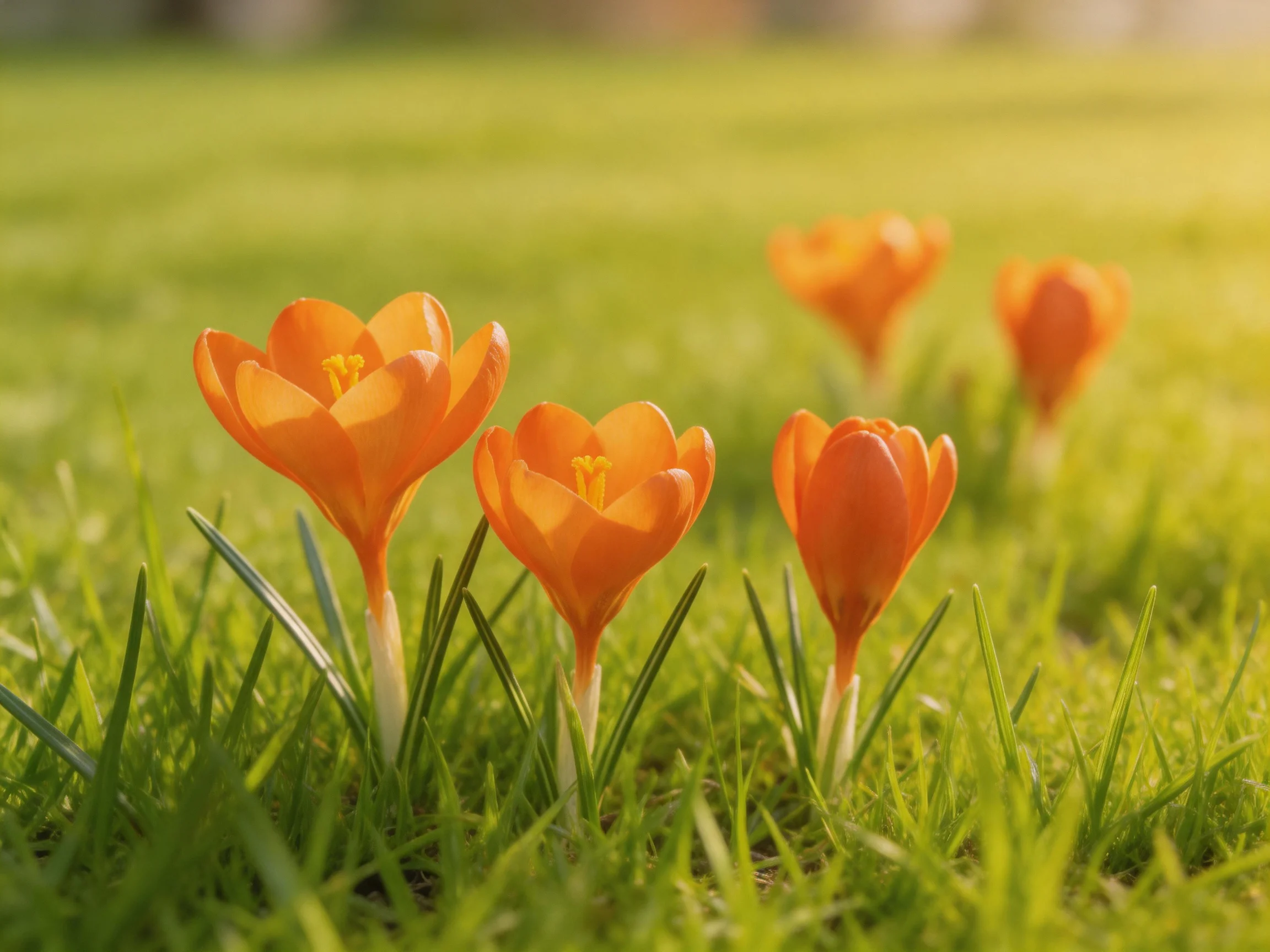 Four vibrant orange crocuses bloom among lush green grass