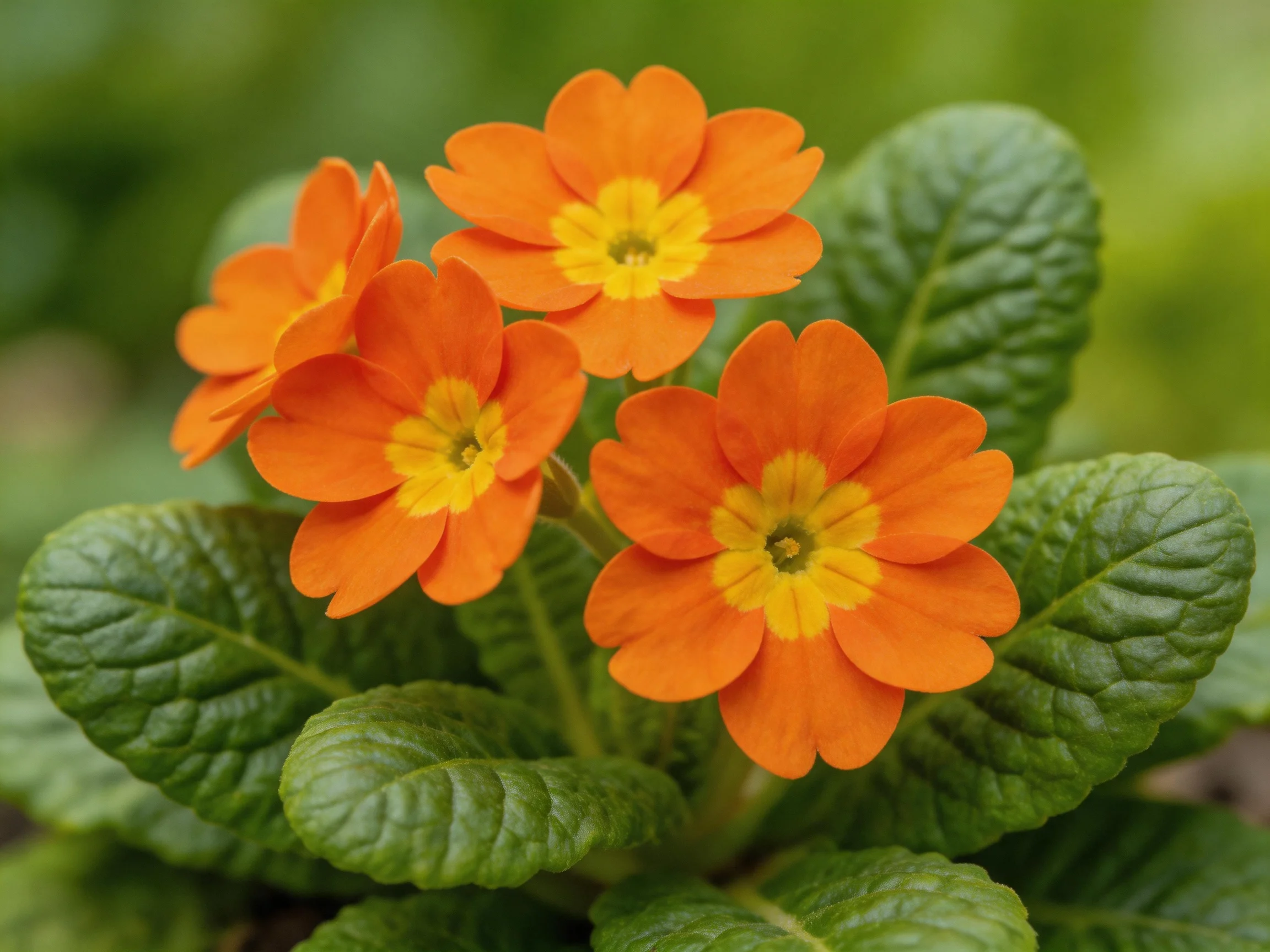 Four vibrant orange primrose blooms with glossy green foliage