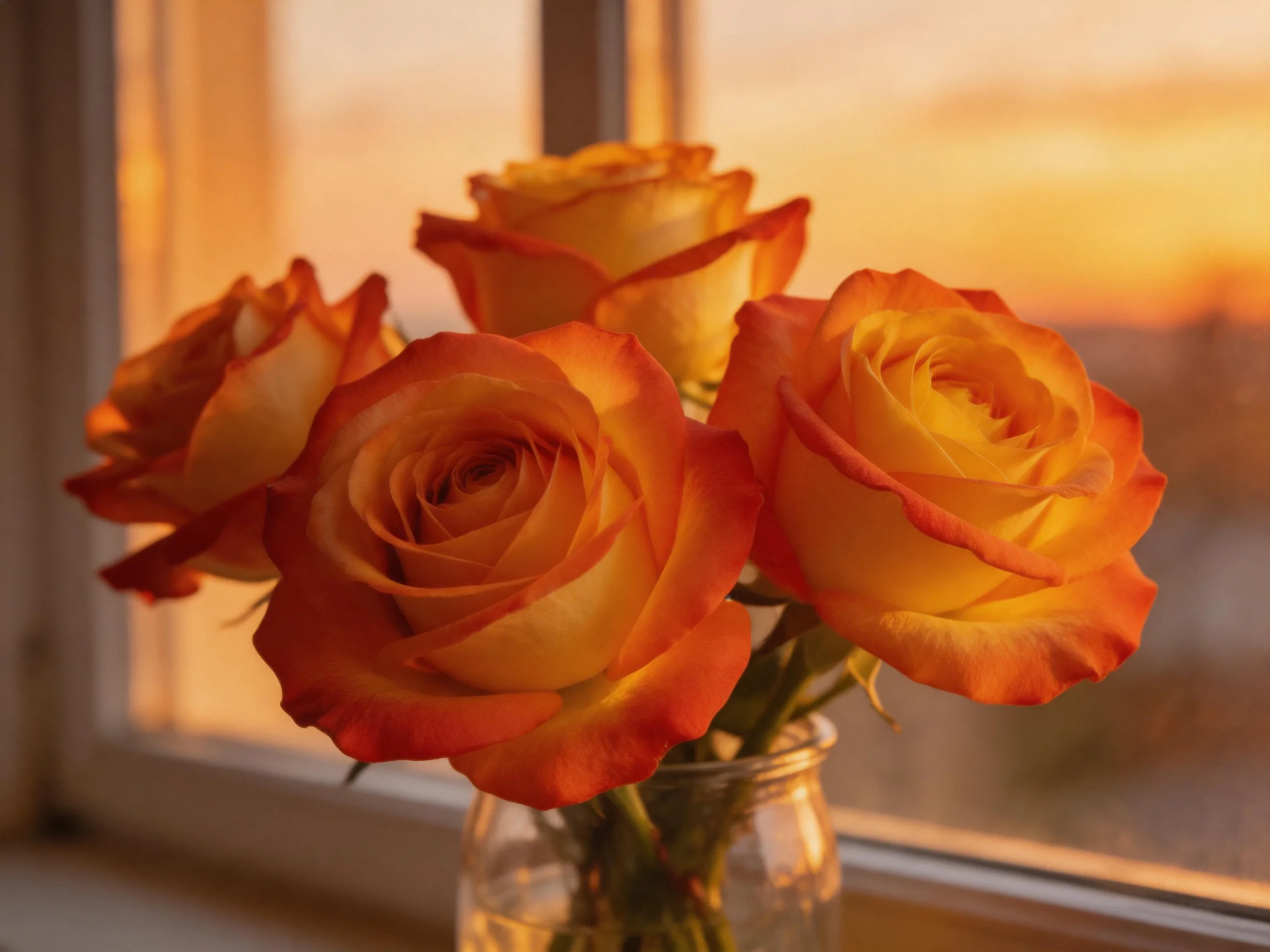 Four vibrant orange roses arranged in a glass vase near a sunlit window