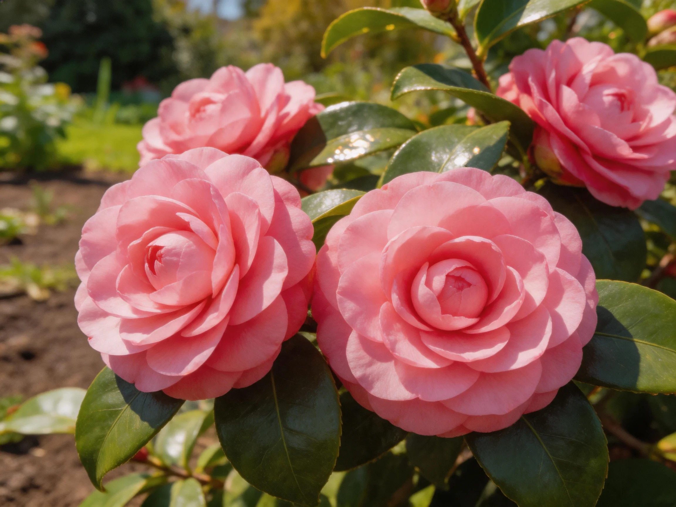 Four vibrant pink camellias bloom among glossy green leaves in a sunny garden.