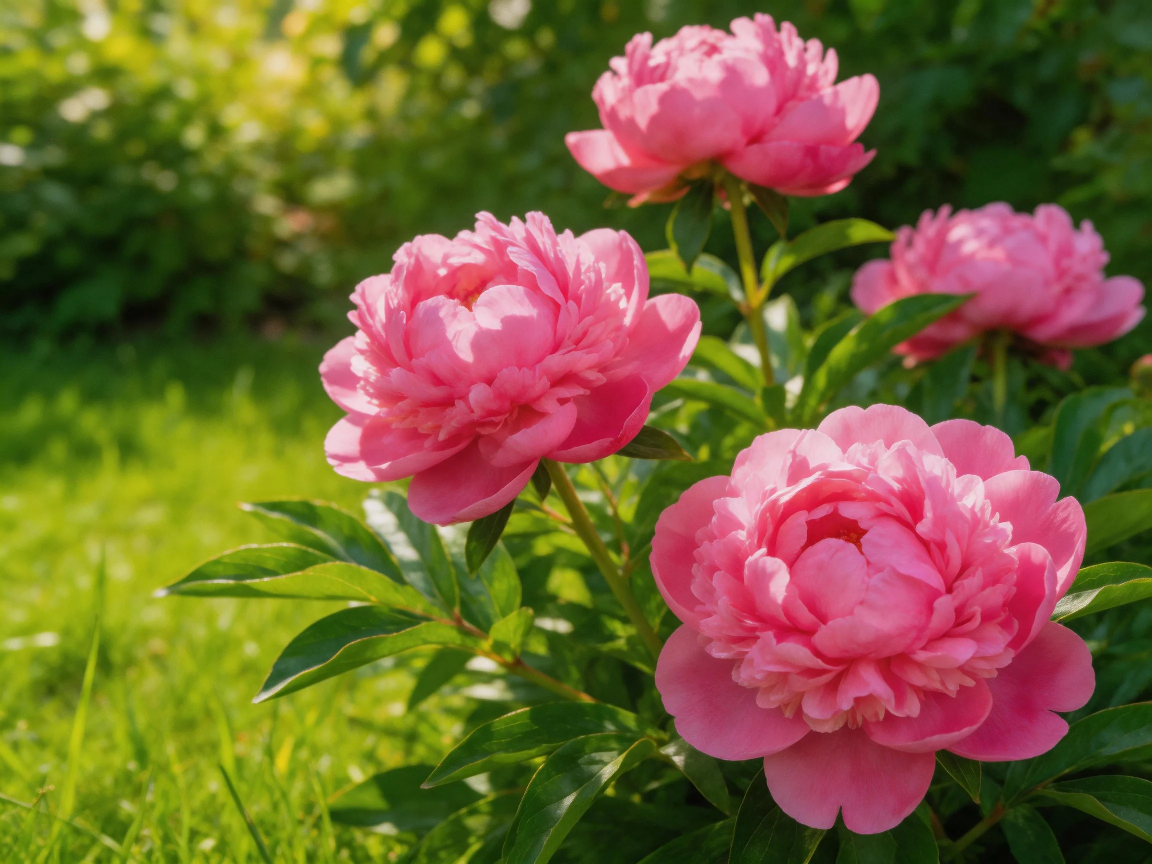 Four vibrant pink peonies bloom among lush green foliage under bright sunlight