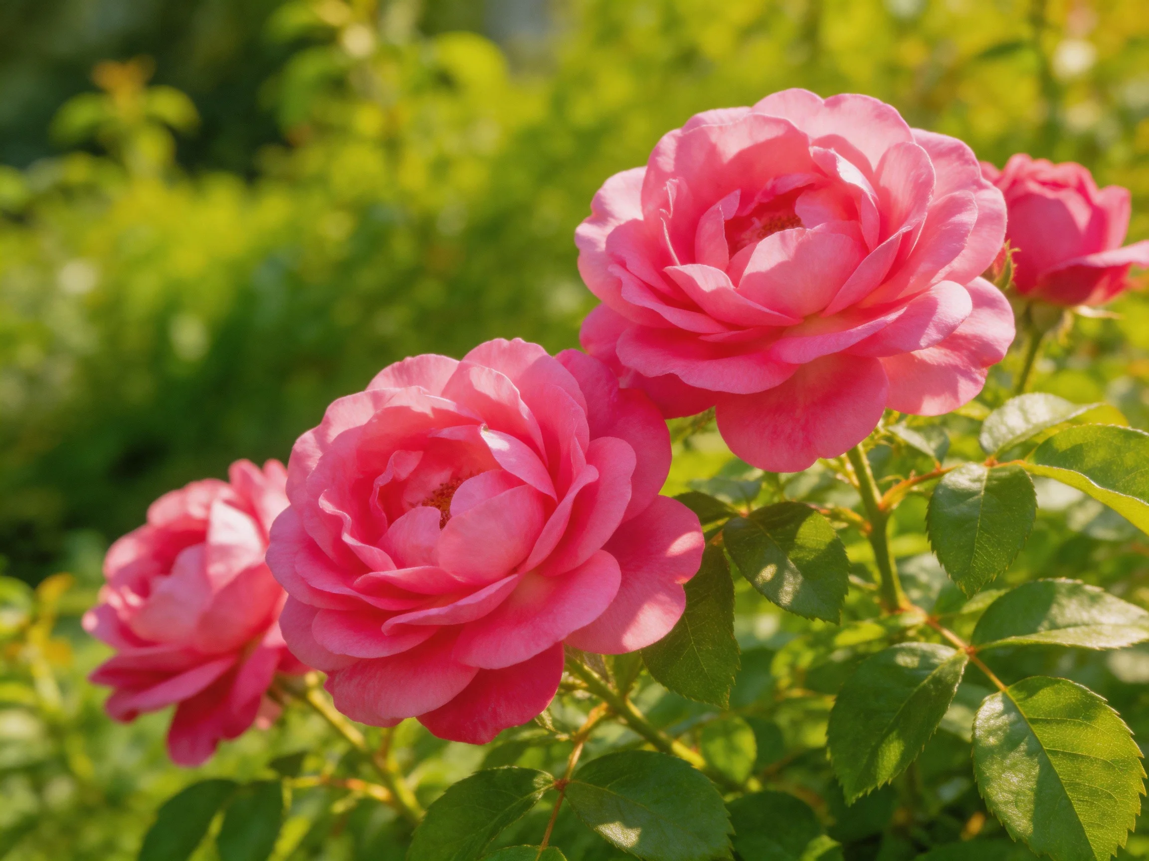 Four vibrant pink roses bloom among lush green foliage