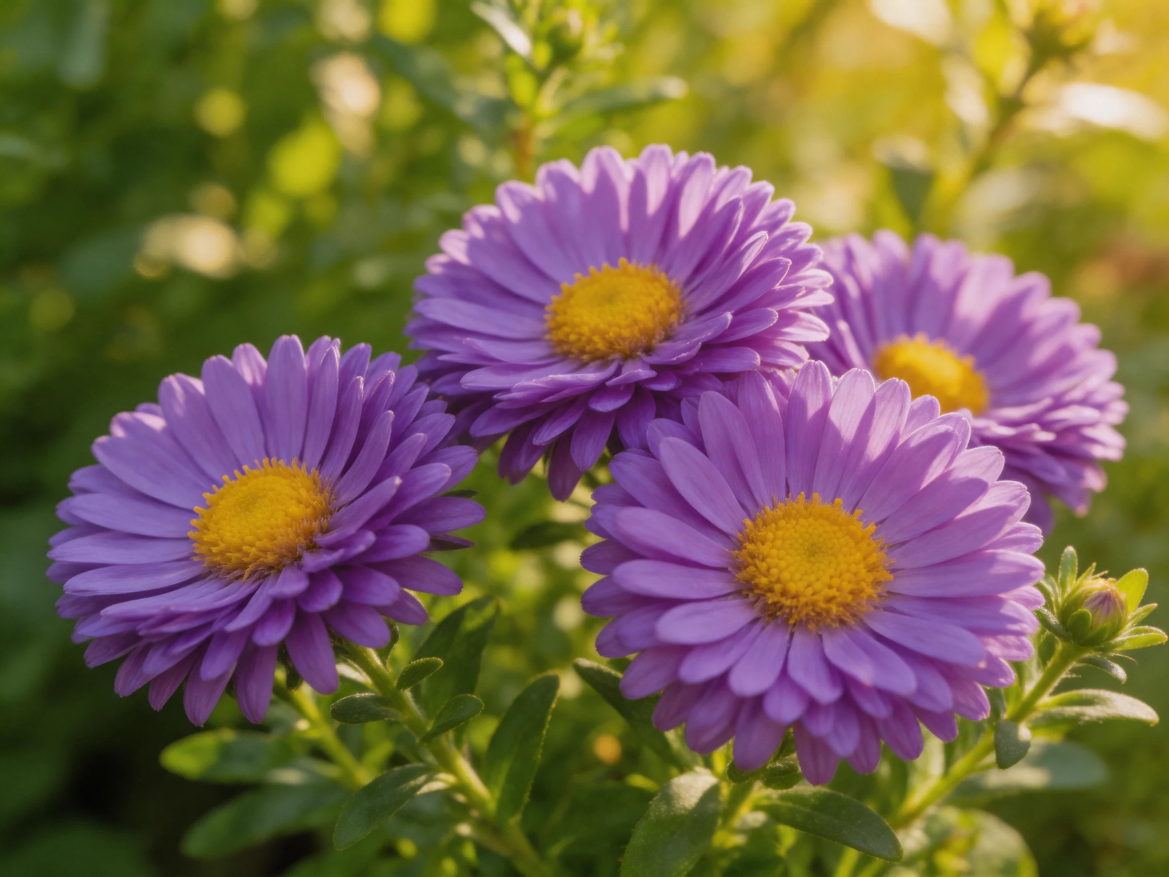 Four vibrant purple aster blooms with golden centers amidst green foliage