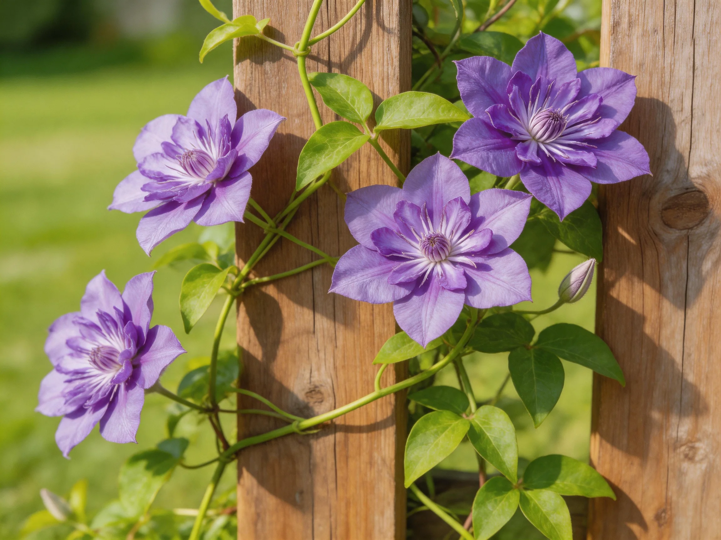 Four vibrant purple clematis bloom against a wooden fence