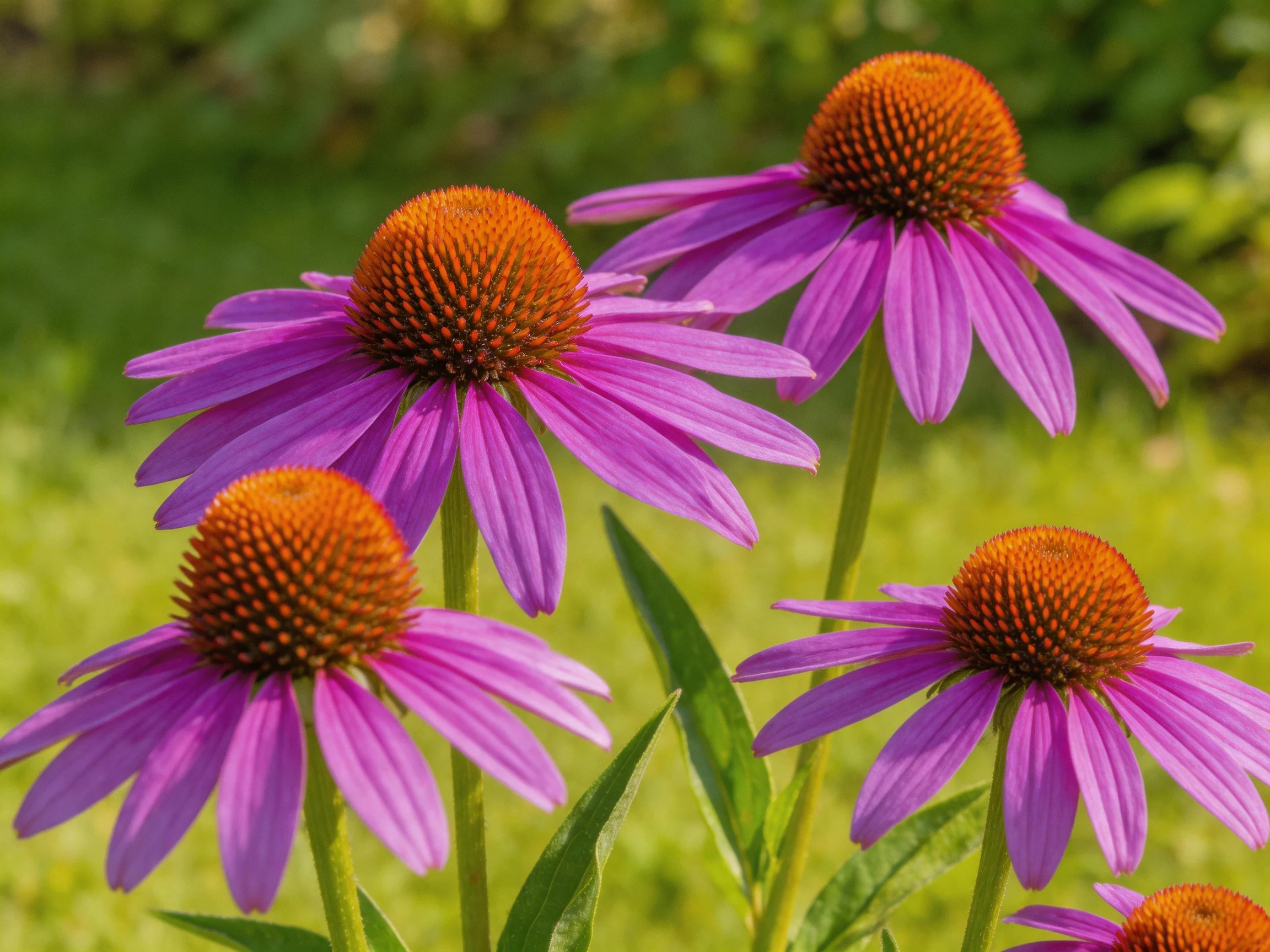 Four vibrant purple coneflowers with orange centers bloom in a sunlit garden