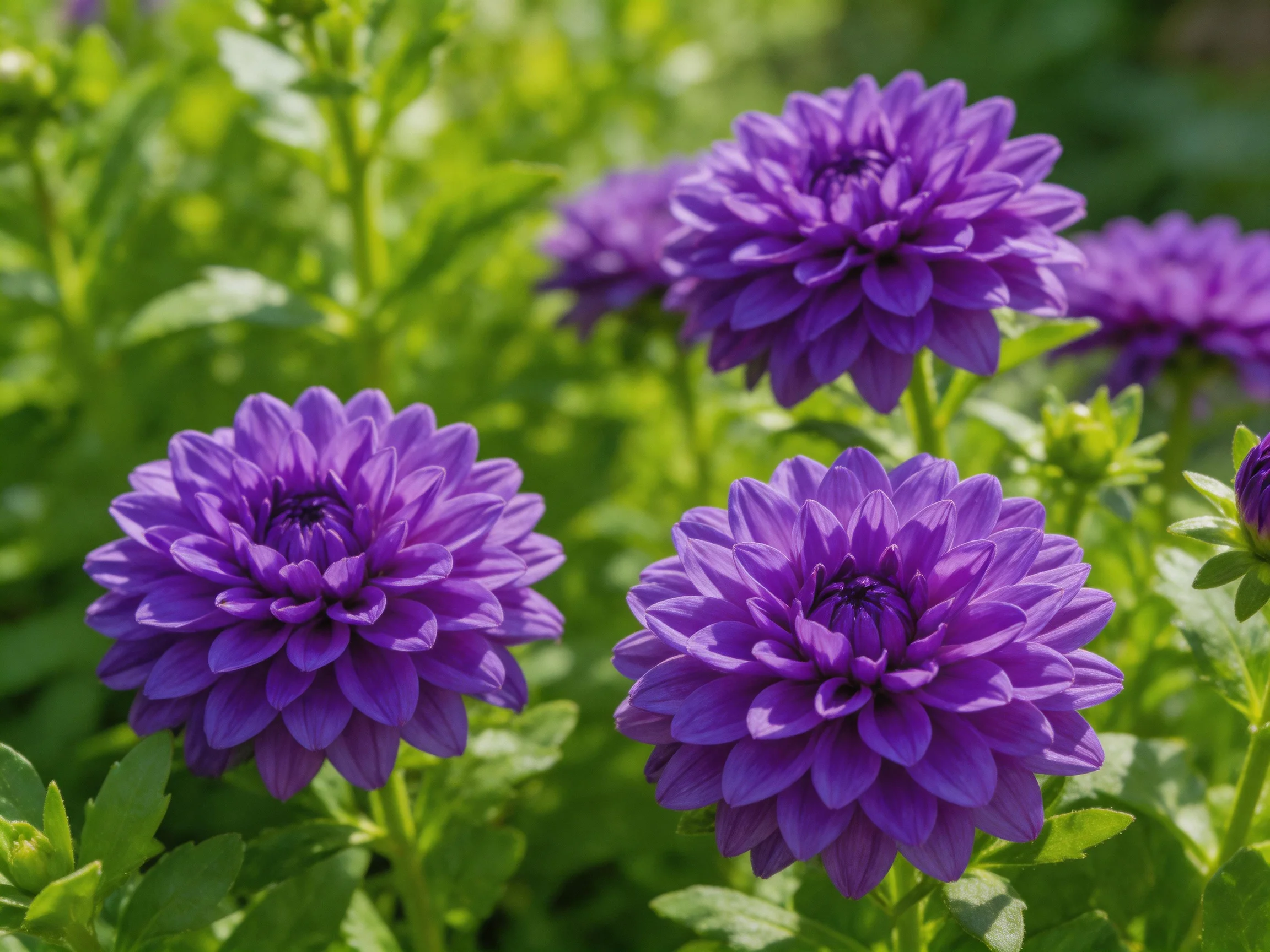 Four vibrant purple dahlias bloom amid lush green foliage