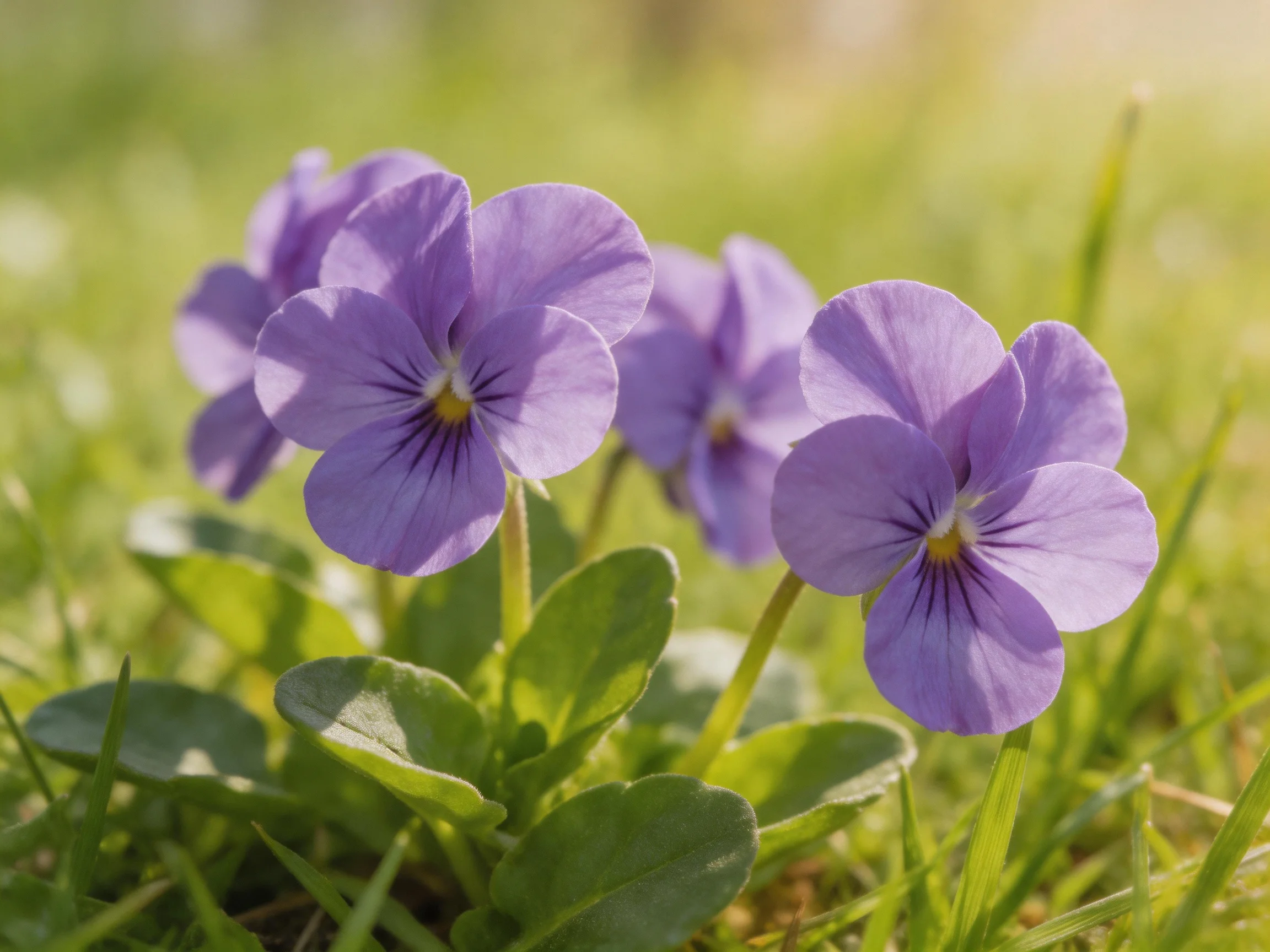 Four vibrant purple pansies bloom among lush green grass