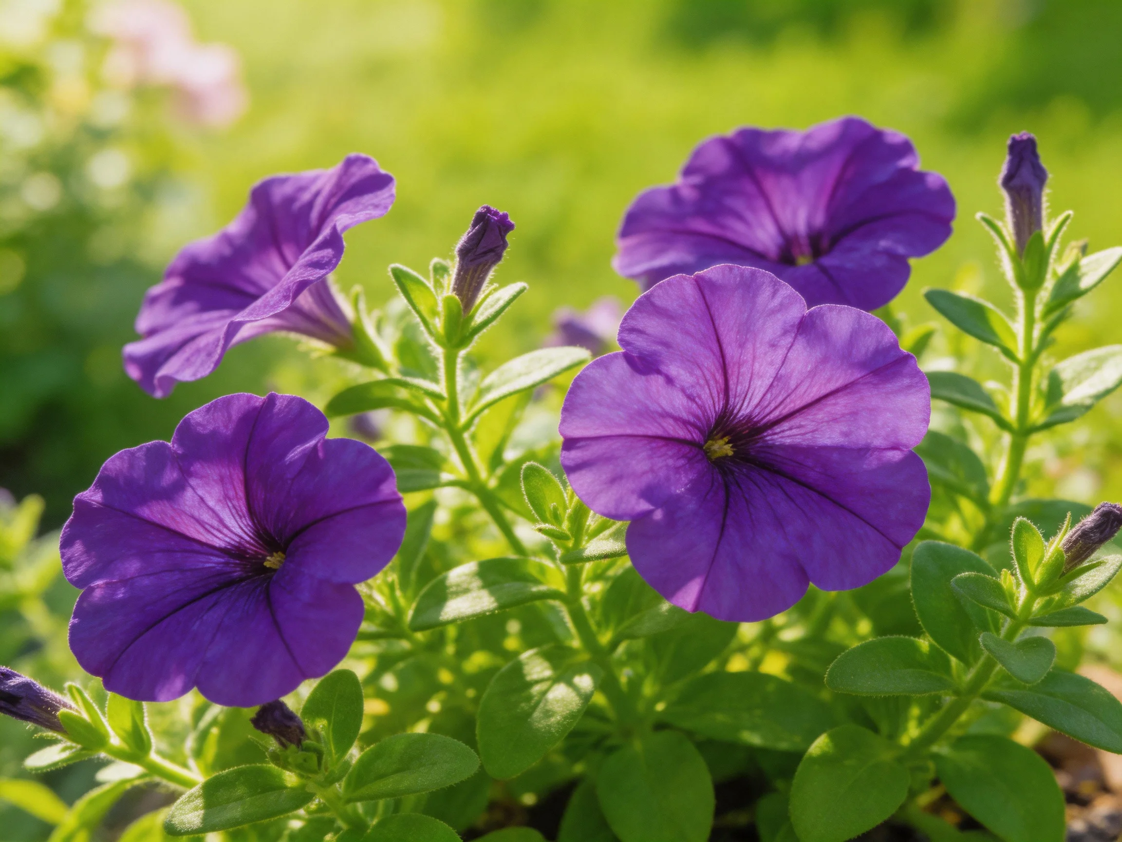 Four vibrant purple petunias bloom among green foliage under sunlight