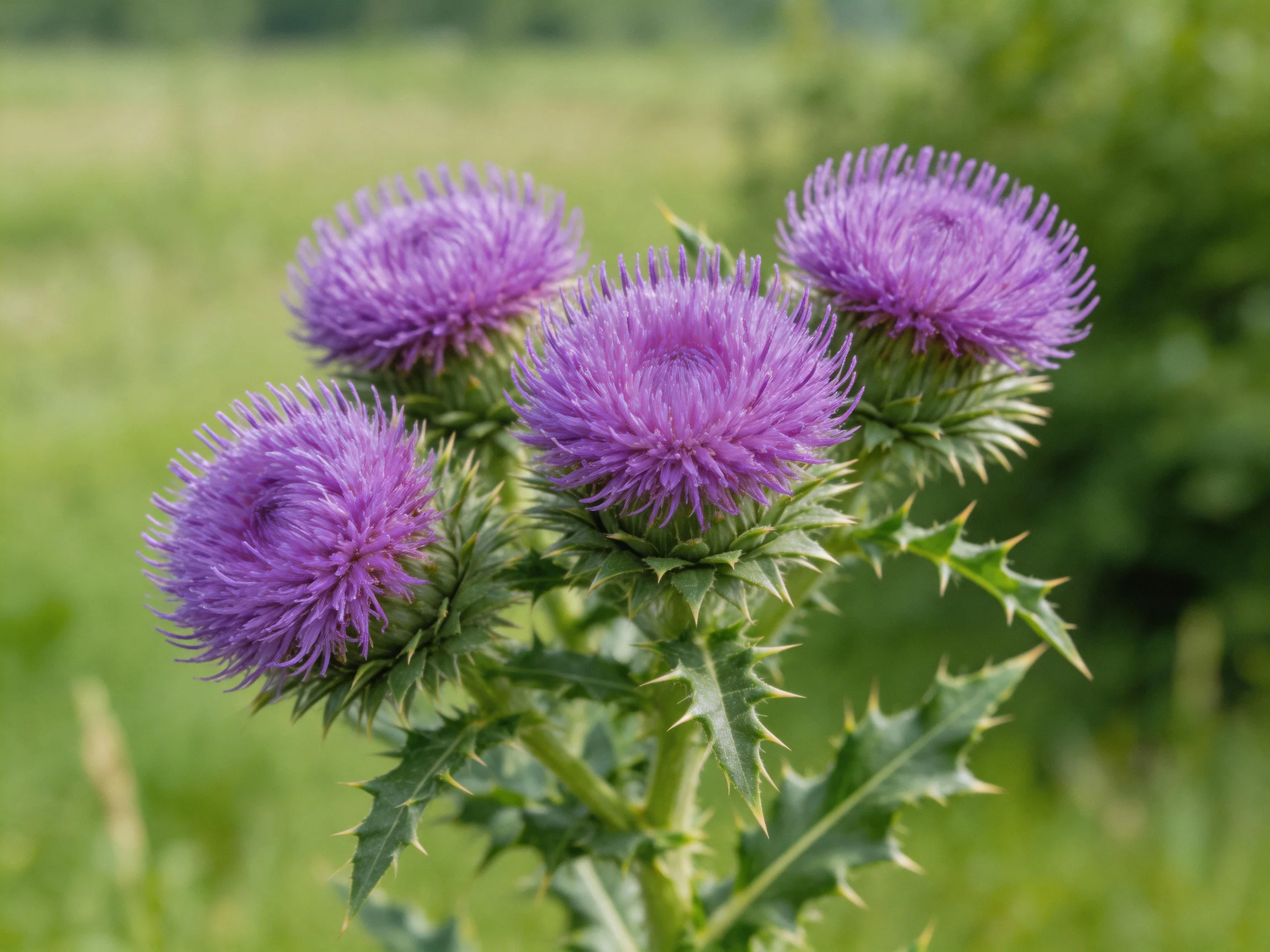 Four vibrant purple thistle blooms with spiky green foliage