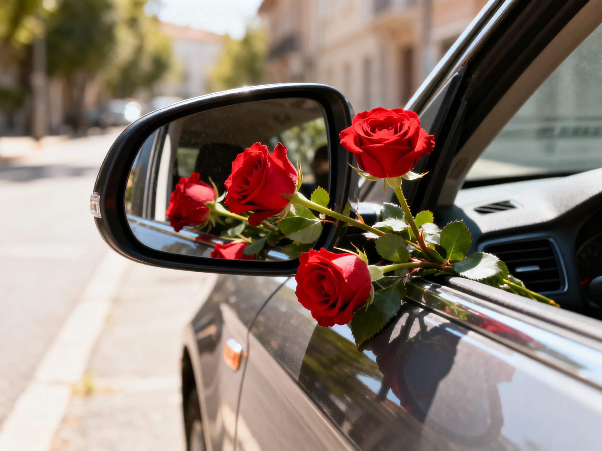 Four vibrant red roses adorn a cars side mirror and door