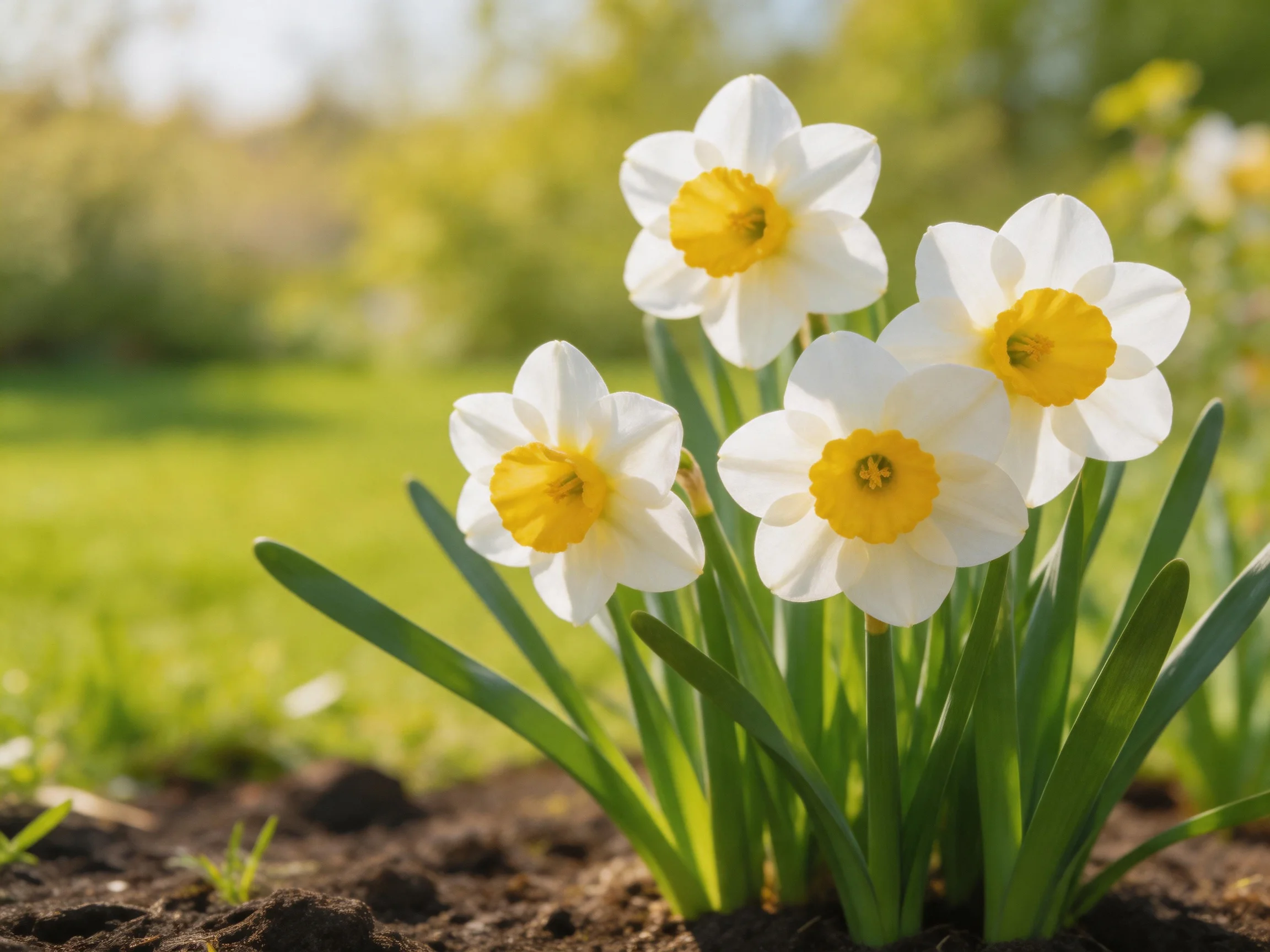 Four white-and-yellow daffodils bloom in a sunlit garden bed