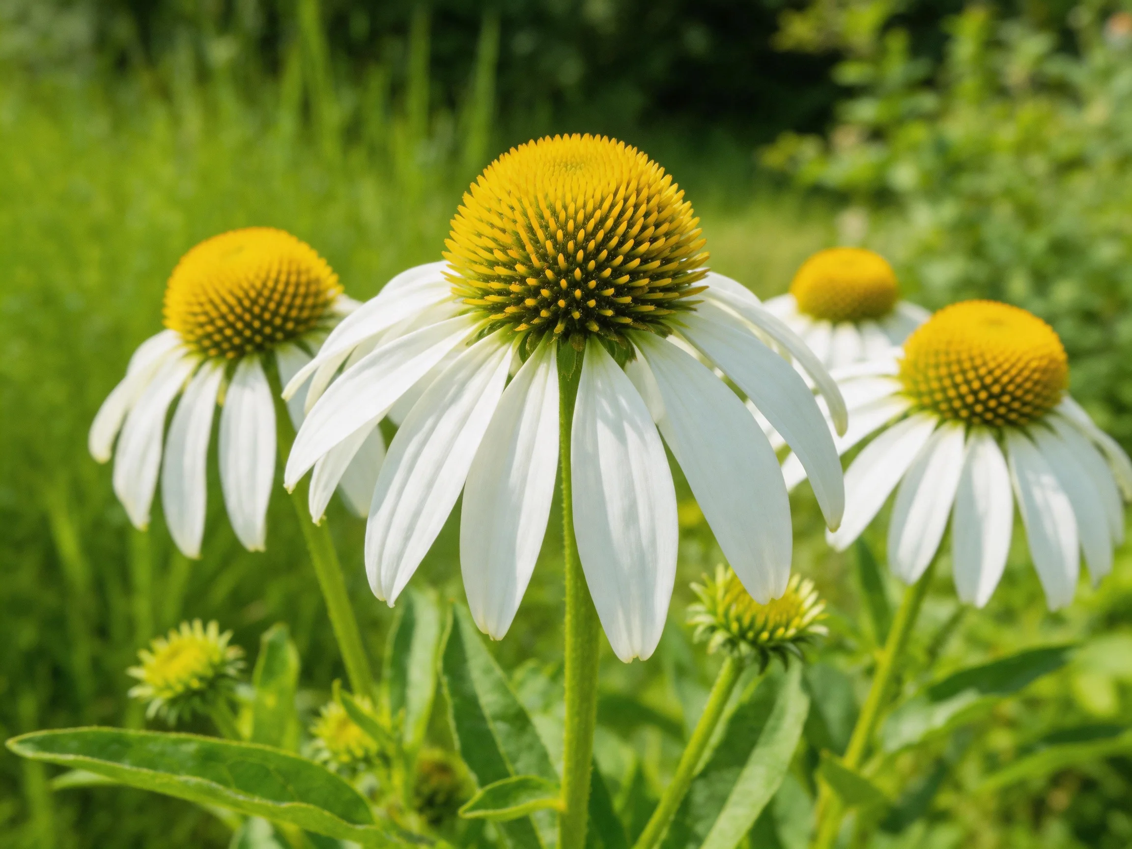 Four white coneflowers with golden centers bloom in a lush green meadow