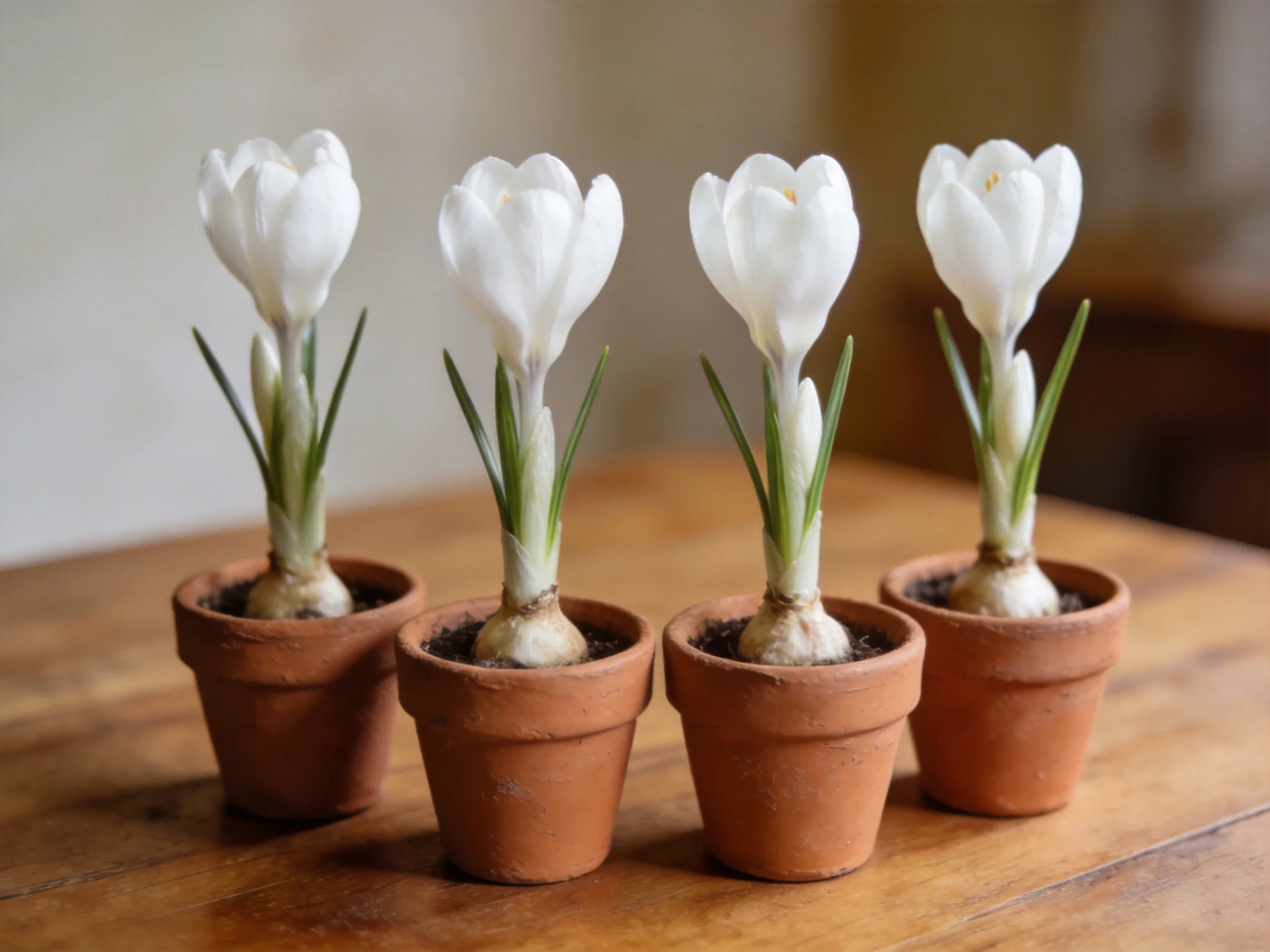Four white crocus blooms in small terracotta pots on a wooden table