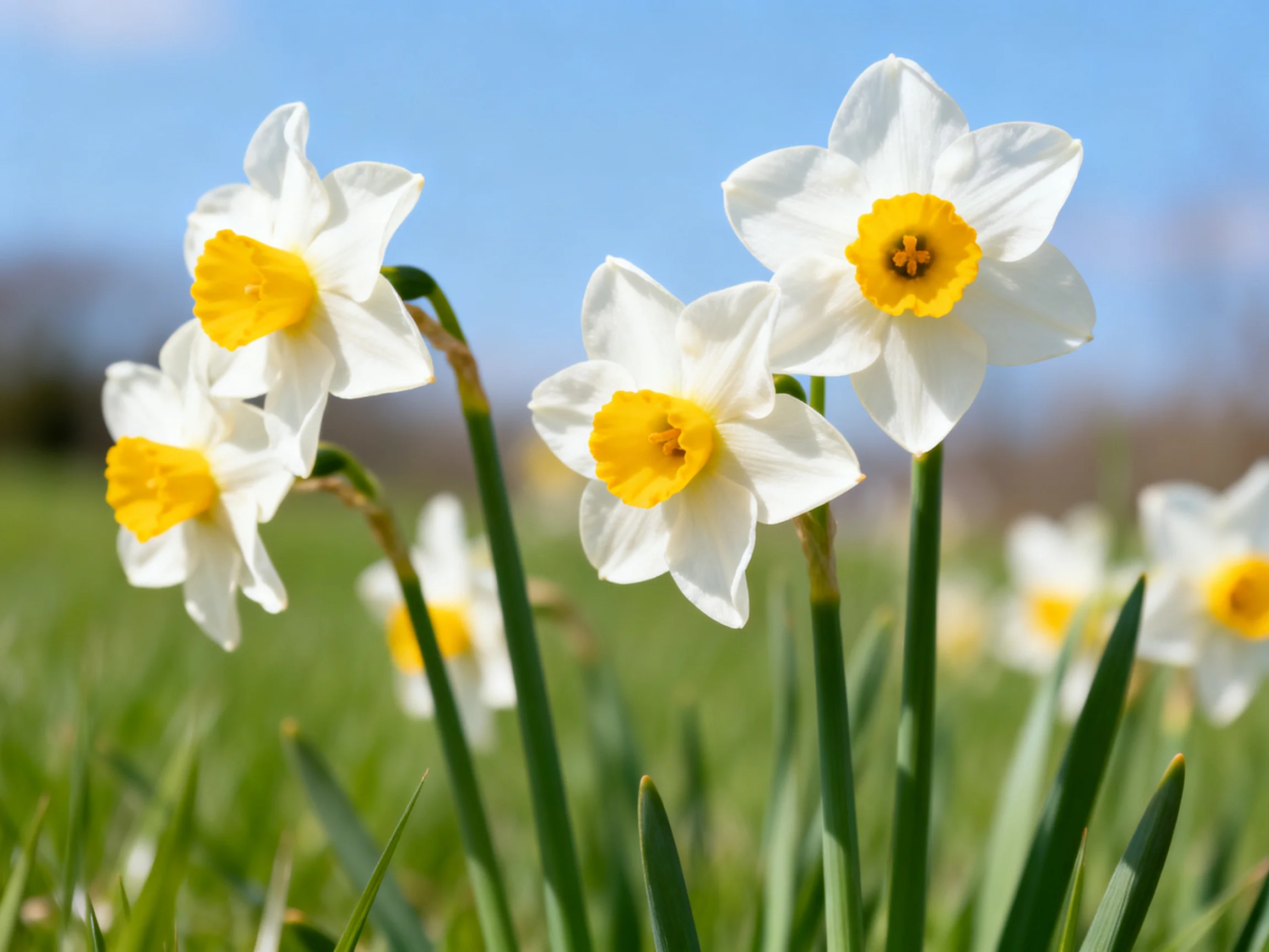 Four white daffodils with bright yellow centers bloom in a green meadow