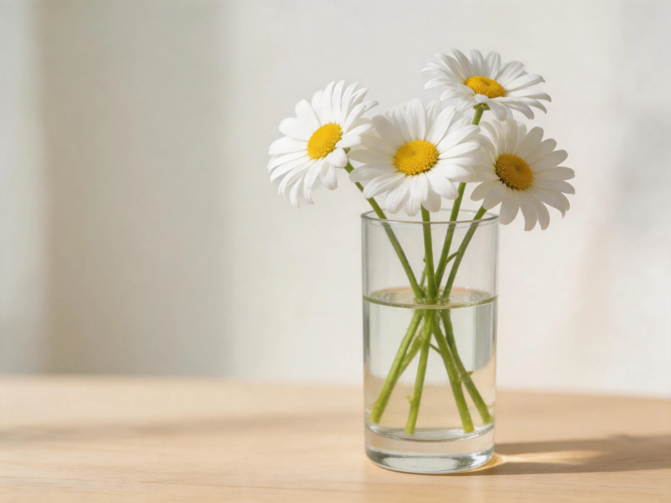 Four white daisies arranged in a clear glass vase with water