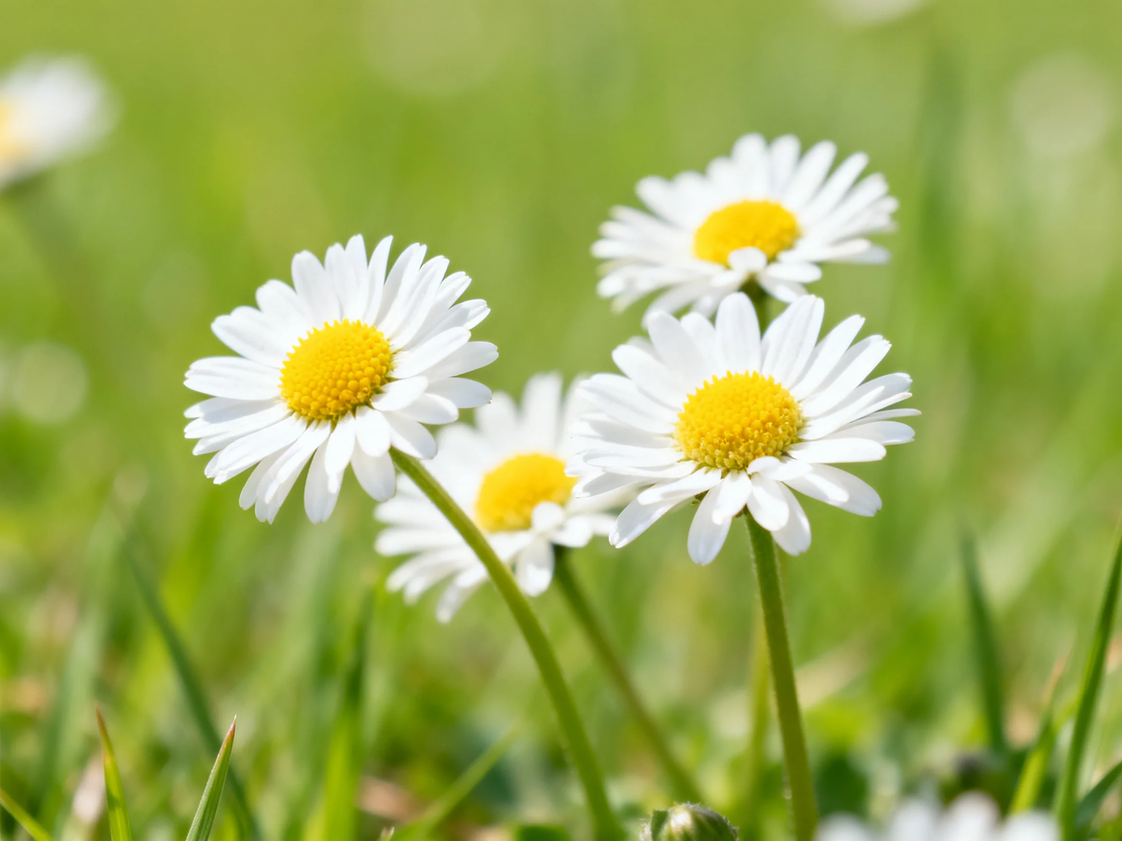 Four white daisies with yellow centers bloom among lush green grass